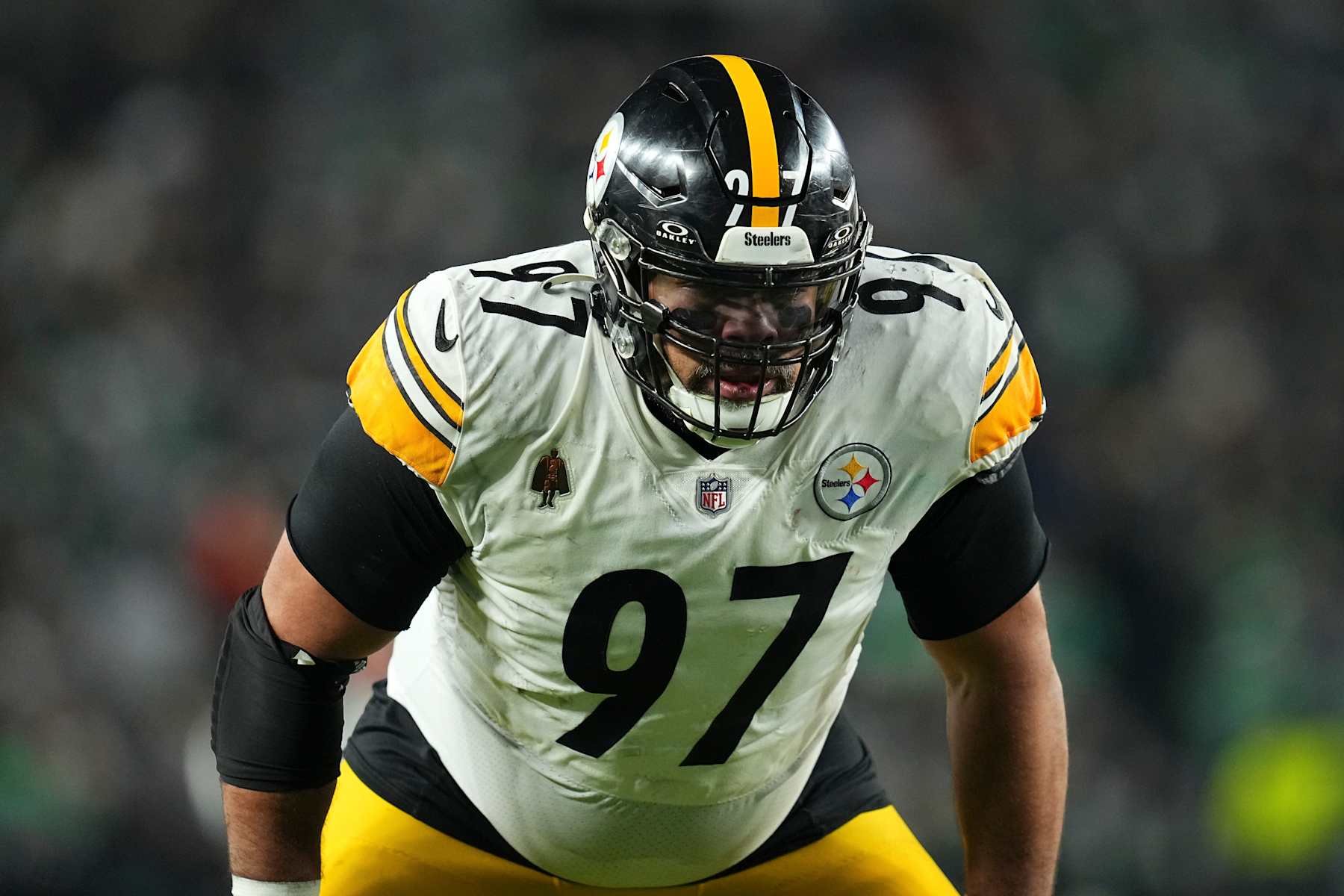 PHILADELPHIA, PENNSYLVANIA - DECEMBER 15: Cameron Heyward #97 of the Pittsburgh Steelers looks on against the Philadelphia Eagles at Lincoln Financial Field on December 15, 2024 in Philadelphia, Pennsylvania. (Photo by Mitchell Leff/Getty Images)
