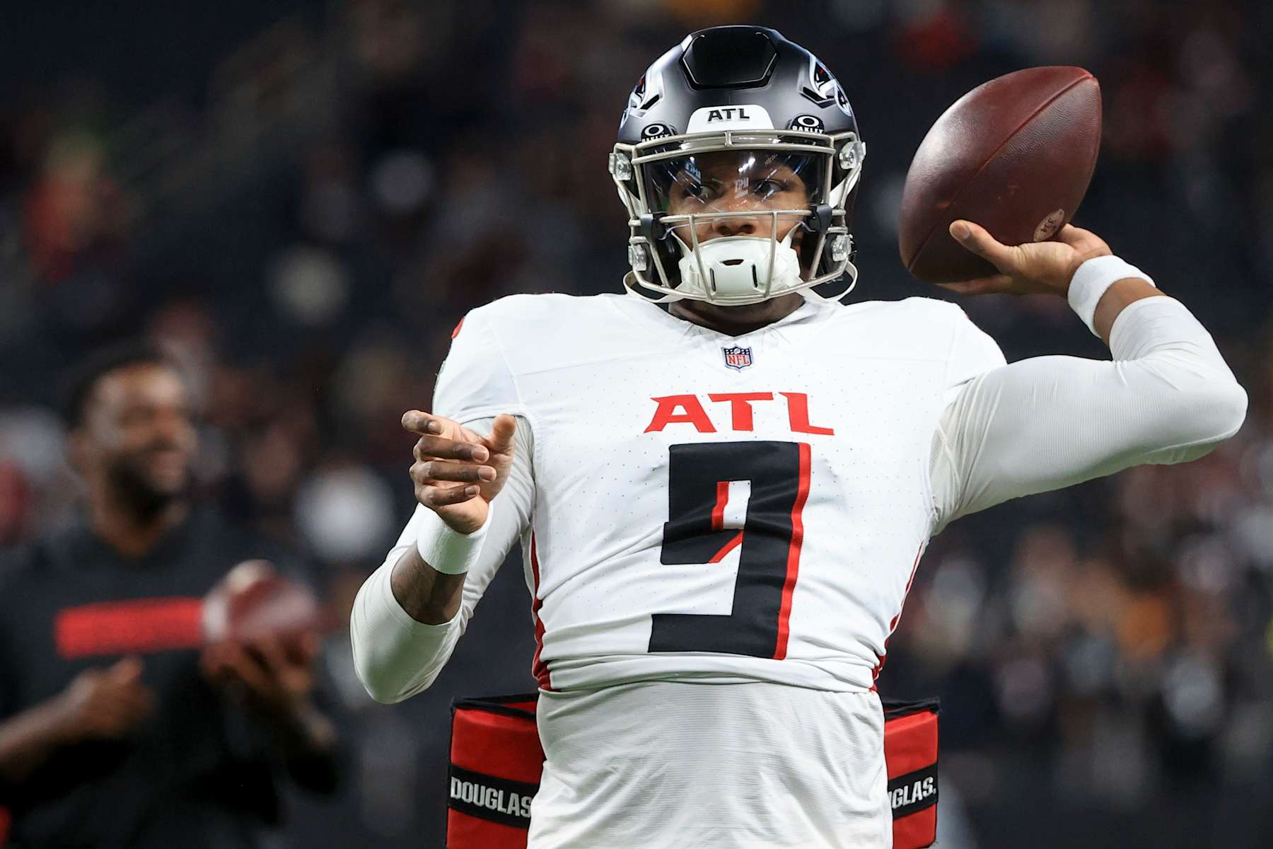 LAS VEGAS, NEVADA - DECEMBER 16: Michael Penix Jr. #9 of the Atlanta Falcons warms up prior to a game against the Las Vegas Raiders at Allegiant Stadium on December 16, 2024 in Las Vegas, Nevada. (Photo by Ian Maule/Getty Images)