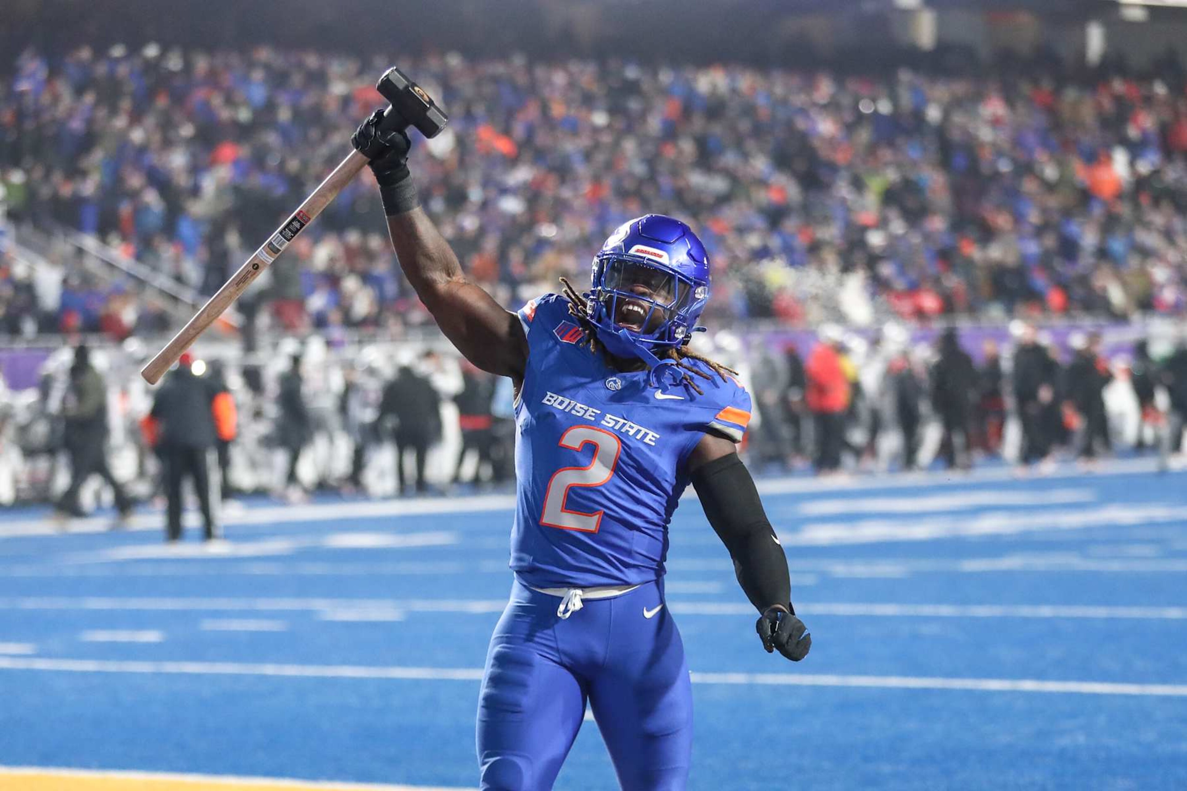 BOISE, ID - DECEMBER 06: Running back Ashton Jeanty #2 of the Boise State Broncos fires up the crowd prior to the start of the Mountain West Championship between the Boise State Broncos and the UNLV Rebels at Albertsons Stadium on December 06, 2024 in Boise, Idaho. (Photo by Loren Orr/Getty Images BOISE, ID - DECEMBER 06: Running back Ashton Jeanty #2 of the Boise State Broncos fires up the crowd prior to the start of the Mountain West Championship between the Boise State Broncos and the UNLV Rebels at Albertsons Stadium on December 06, 2024 in Boise, Idaho. (Photo by Loren Orr/Getty Images