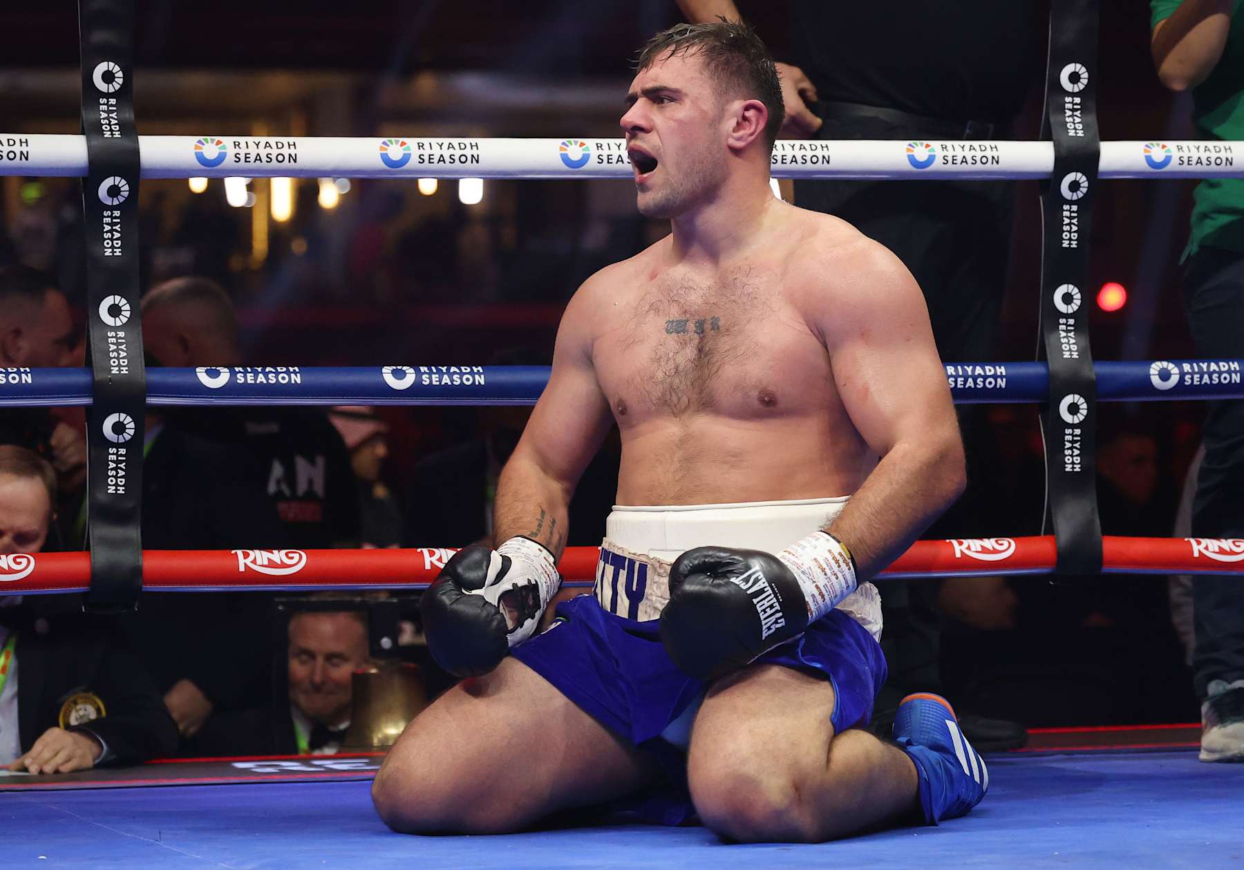 RIYADH, SAUDI ARABIA - DECEMBER 21: David Allen reacts after the Heavyweight fight between Johnny Fisher and David Allen as part of Oleksandr Usyk v Tyson Fury 2, Reignited card at Kingdom Arena on December 21, 2024 in Riyadh, Saudi Arabia. (Photo by Richard Pelham/Getty Images)