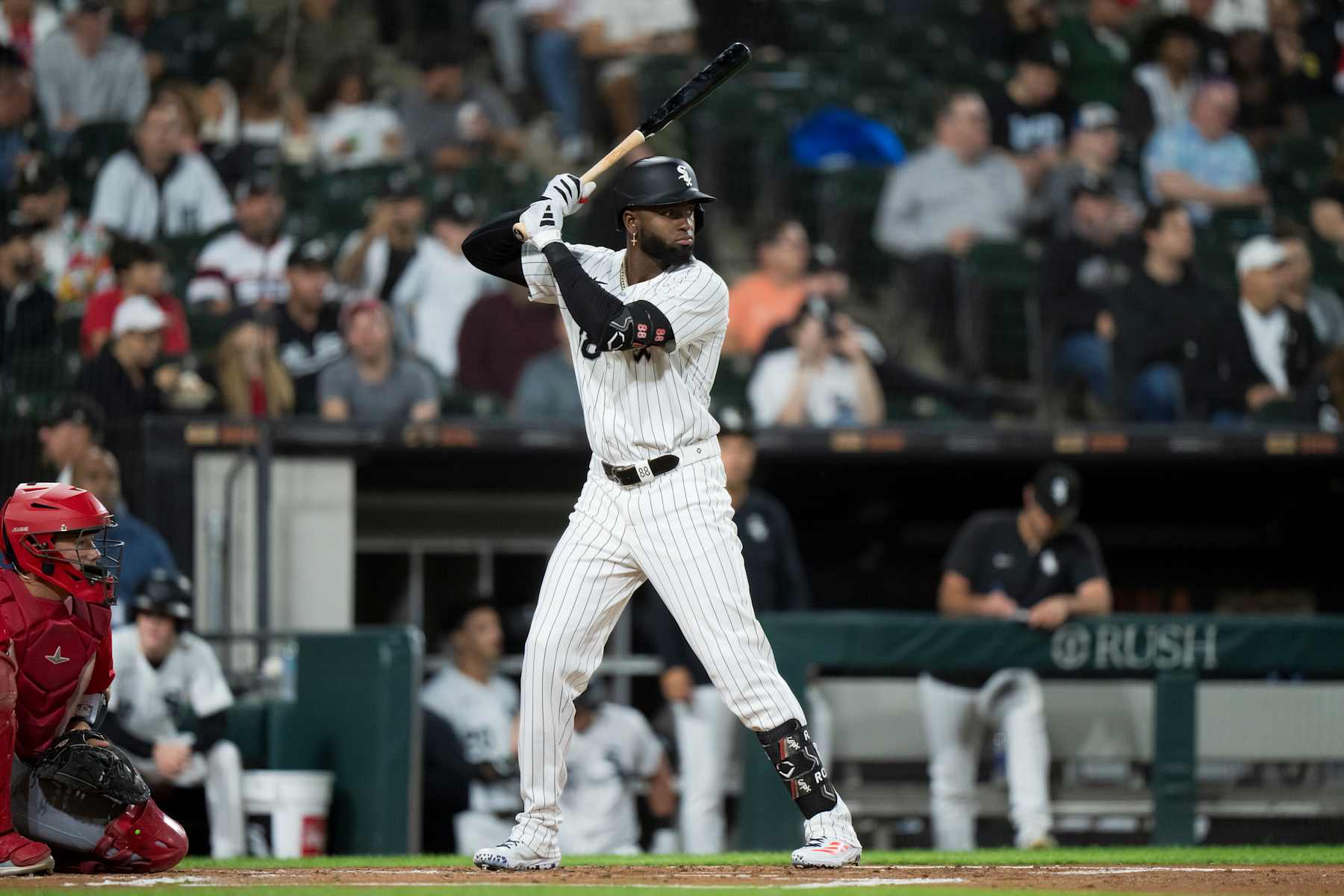 CHICAGO, ILLINOIS - SEPTEMBER 25: Luis Robert, Jr #88 of the Chicago White Sox bats in a game against the Los Angeles Angels at Guaranteed Rate Field on September 25, 2024 in Chicago, Illinois. (Photo by Matt Dirksen/Getty Images)