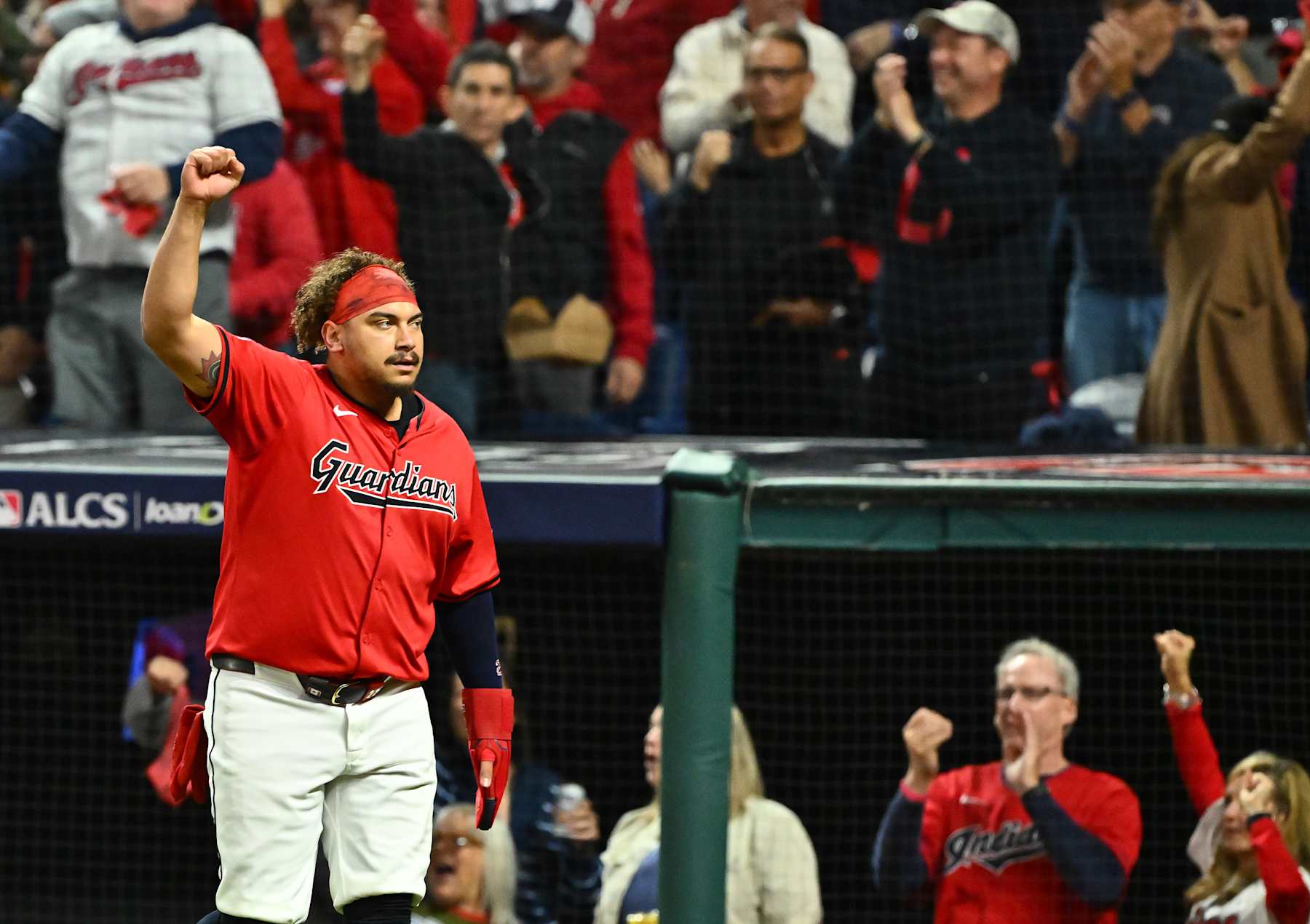 CLEVELAND, OHIO - OCTOBER 19: Josh Naylor #22 of the Cleveland Guardians celebrates after scoring a run in the second inning against the New York Yankees during Game Five of the American League Championship Series at Progressive Field on October 19, 2024 in Cleveland, Ohio. (Photo by Jason Miller/Getty Images)