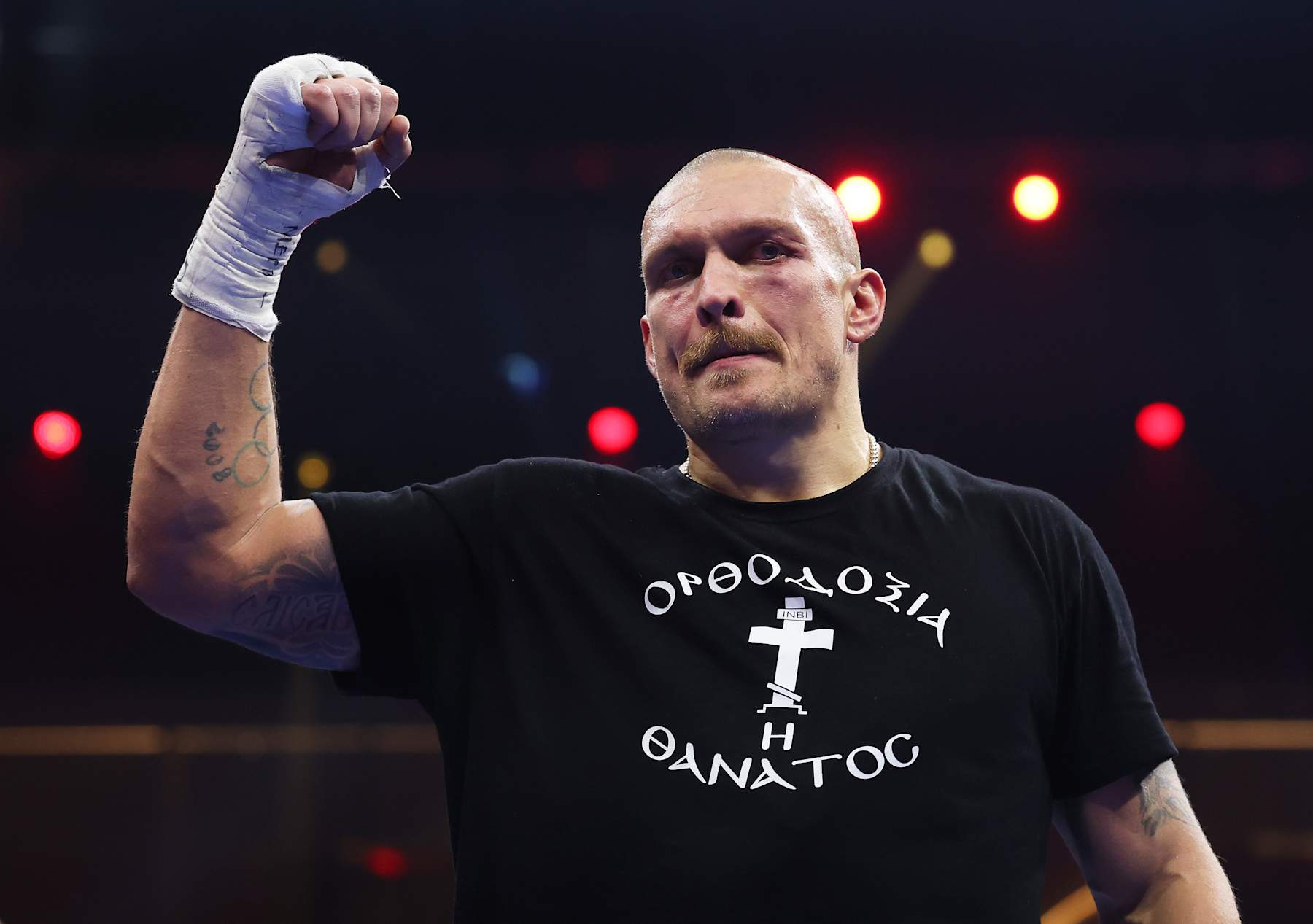 RIYADH, SAUDI ARABIA - DECEMBER 21: Oleksandr Usyk celebrates victory following the IBF, IBO, WBA, WBC and WBO Undisputed World Heavyweight titles' fight between Oleksandr Usyk and Tyson Fury as part of Oleksandr Usyk v Tyson Fury 2, Reignited card at Kingdom Arena on December 21, 2024 in Riyadh, Saudi Arabia. (Photo by Richard Pelham/Getty Images)
