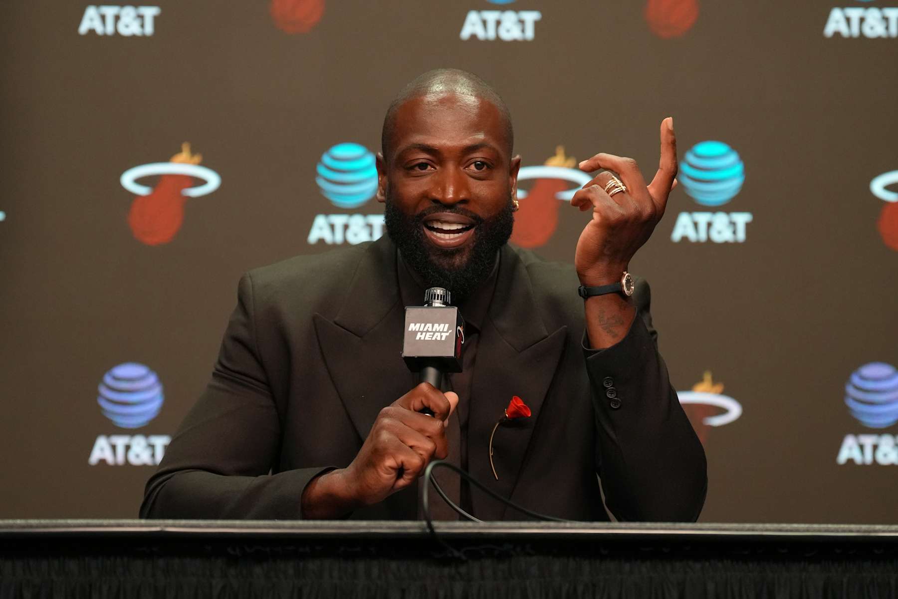 MIAMI, FL - OCTOBER 27: Dwyane Wade talks to the media during Dwyane Wade's statue unveiling on October 27, 2024 at Kaseya Center in Miami, Florida. NOTE TO USER: User expressly acknowledges and agrees that, by downloading and or using this Photograph, user is consenting to the terms and conditions of the Getty Images License Agreement. Mandatory Copyright Notice: Copyright 2024 NBAE (Photo by Eric Espada/NBAE via Getty Images)