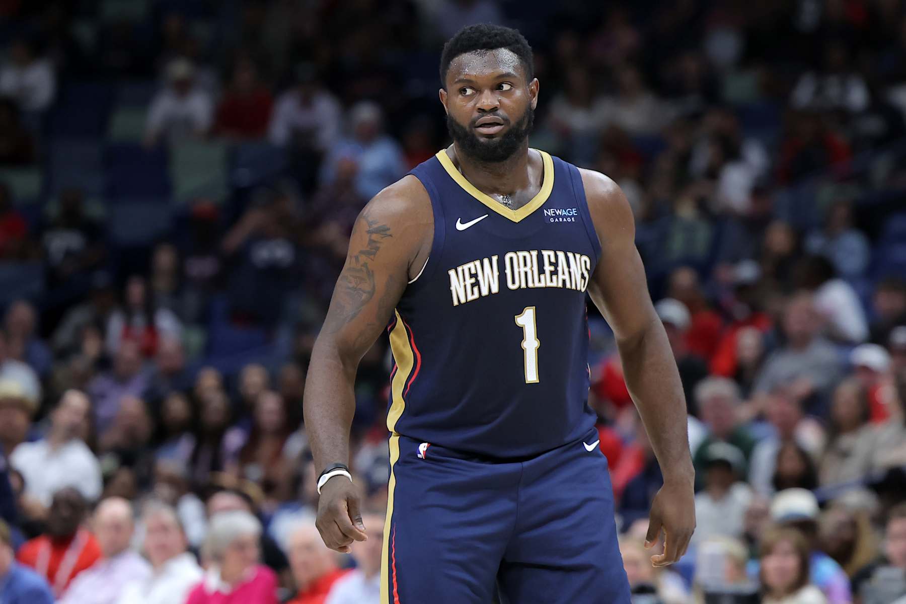 NEW ORLEANS, LOUISIANA - NOVEMBER 06: Zion Williamson #1 of the New Orleans Pelicans reacts against the Cleveland Cavaliers during the second half at the Smoothie King Center on November 06, 2024 in New Orleans, Louisiana. NOTE TO USER: User expressly acknowledges and agrees that, by downloading and or using this Photograph, user is consenting to the terms and conditions of the Getty Images License Agreement. (Photo by Jonathan Bachman/Getty Images)