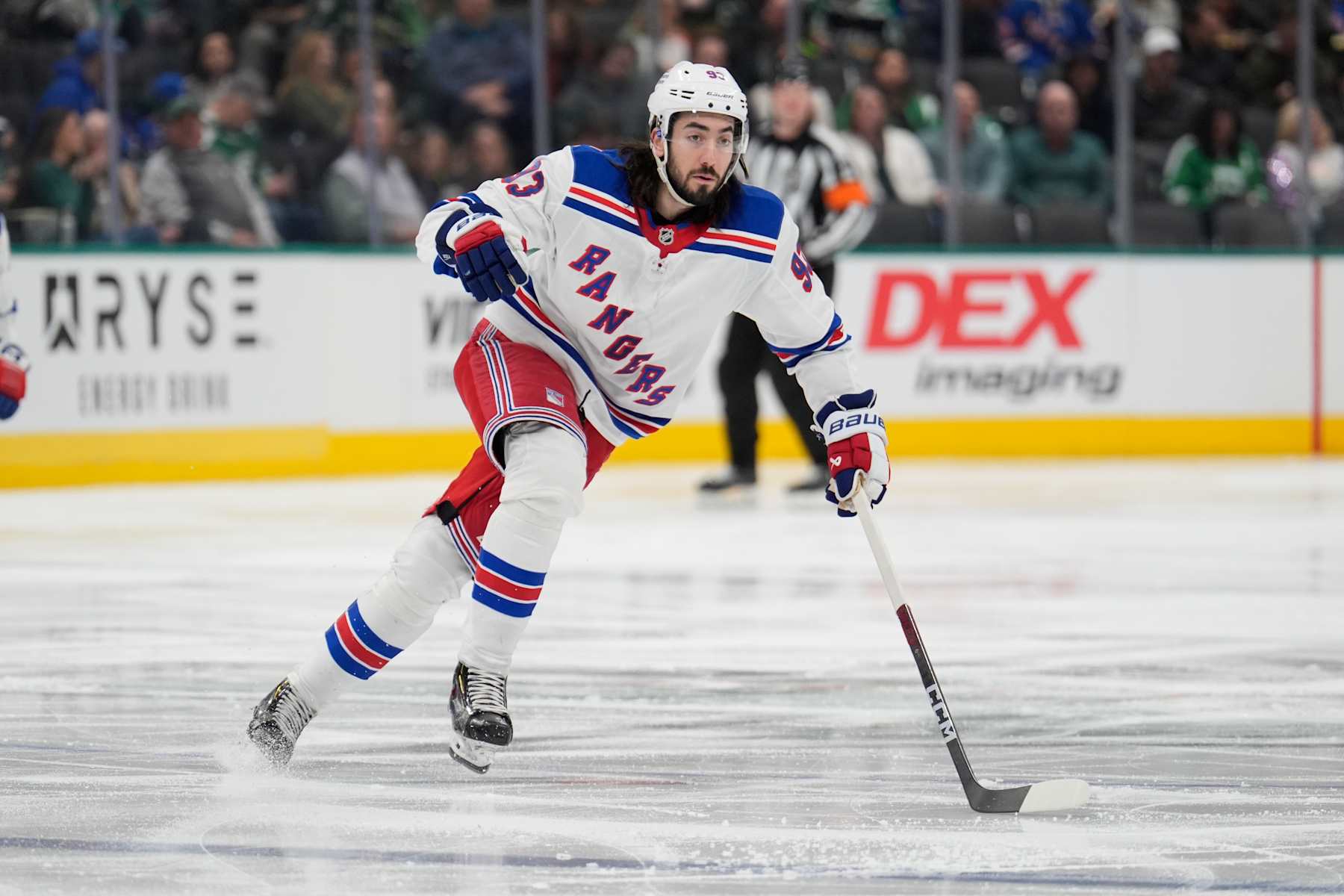 DALLAS, TX - DECEMBER 20: Mika Zibanejad #93 of the New York Rangers skates against the Dallas Stars at the American Airlines Center on December 20, 2024 in Dallas, Texas. (Photo by Glenn James/NHLI via Getty Images)