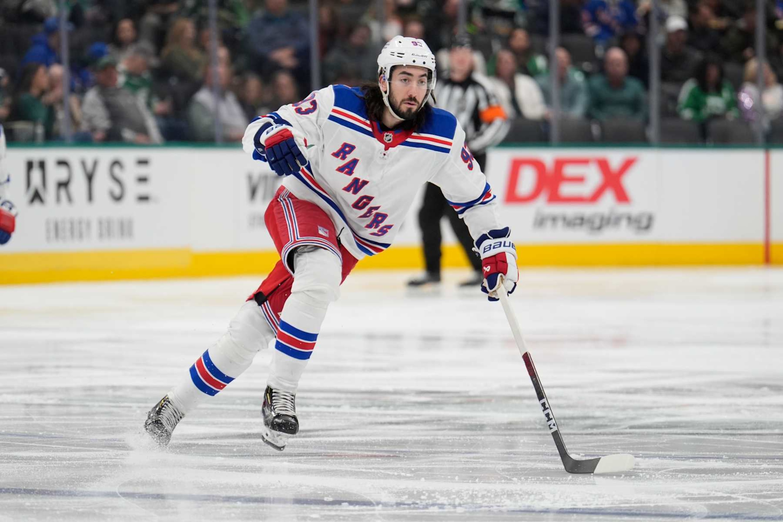 DALLAS, TX - DECEMBER 20: Mika Zibanejad #93 of the New York Rangers skates against the Dallas Stars at the American Airlines Center on December 20, 2024 in Dallas, Texas. (Photo by Glenn James/NHLI via Getty Images)