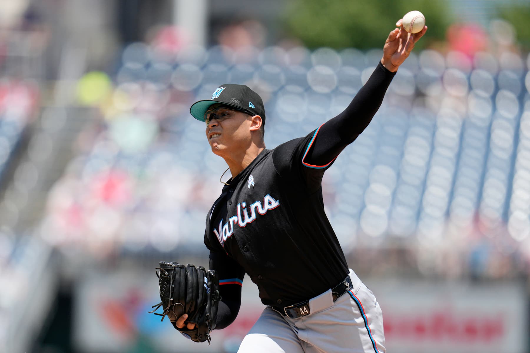 WASHINGTON, DC - JUNE 16: Jesús Luzardo #44 of the Miami Marlins pitches to the Washington Nationals during the first inning at Nationals Park on June 16, 2024 in Washington, DC. (Photo by Jess Rapfogel/Getty Images)