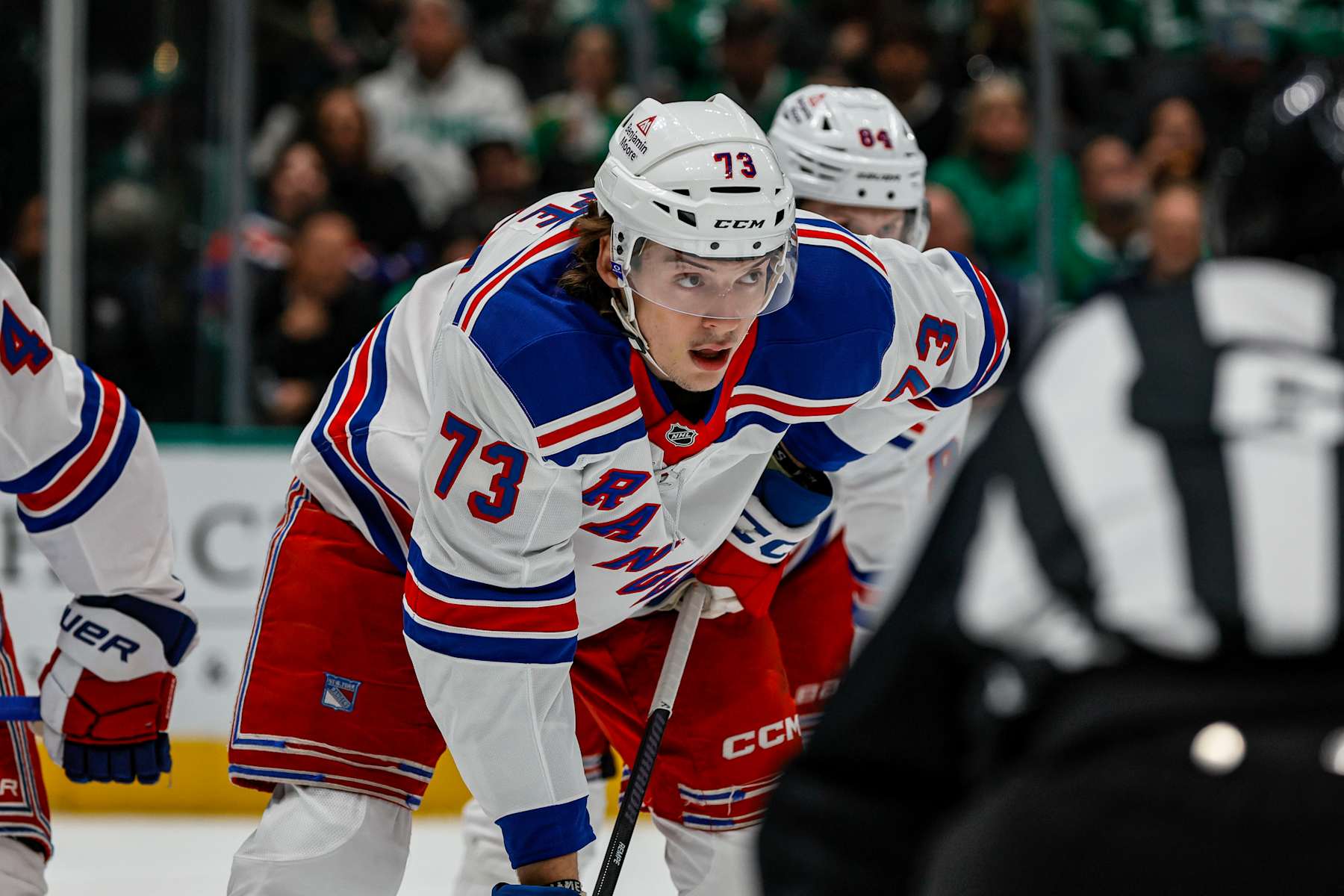 DALLAS, TX - DECEMBER 20: New York Rangers center Matt Rempe (73) waits for the puck to drop during the game between the Dallas Stars and the New York Rangers on December 20, 2024 at American Airlines Center in Dallas, Texas. (Photo by Matthew Pearce/Icon Sportswire via Getty Images)