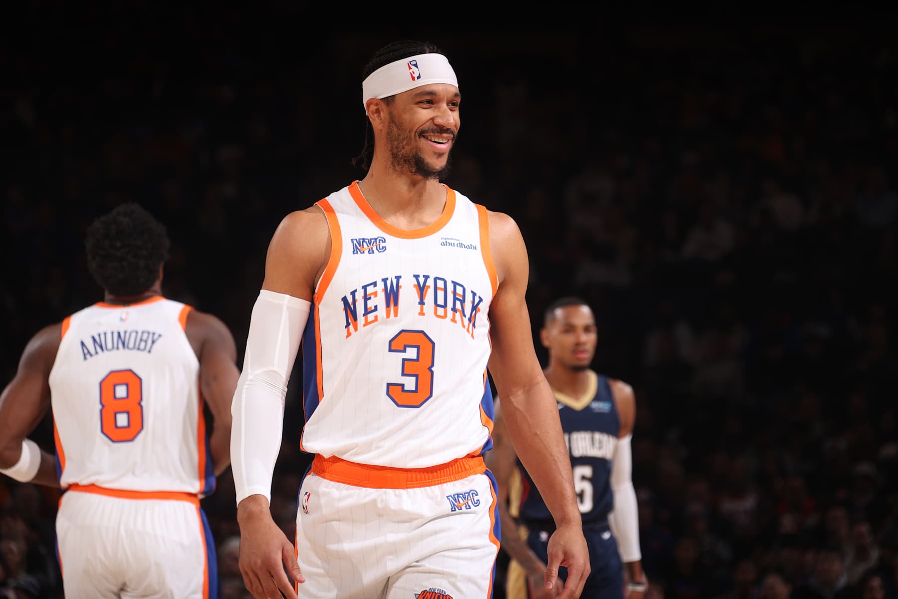 NEW YORK, NY - DECEMBER 1: Josh Hart #3 of the New York Knicks smiles during the game against the New Orleans Pelicans on December 1, 2024 at Madison Square Garden in New York City, New York.  NOTE TO USER: User expressly acknowledges and agrees that, by downloading and or using this photograph, User is consenting to the terms and conditions of the Getty Images License Agreement. Mandatory Copyright Notice: Copyright 2024 NBAE  (Photo by Nathaniel S. Butler/NBAE via Getty Images)