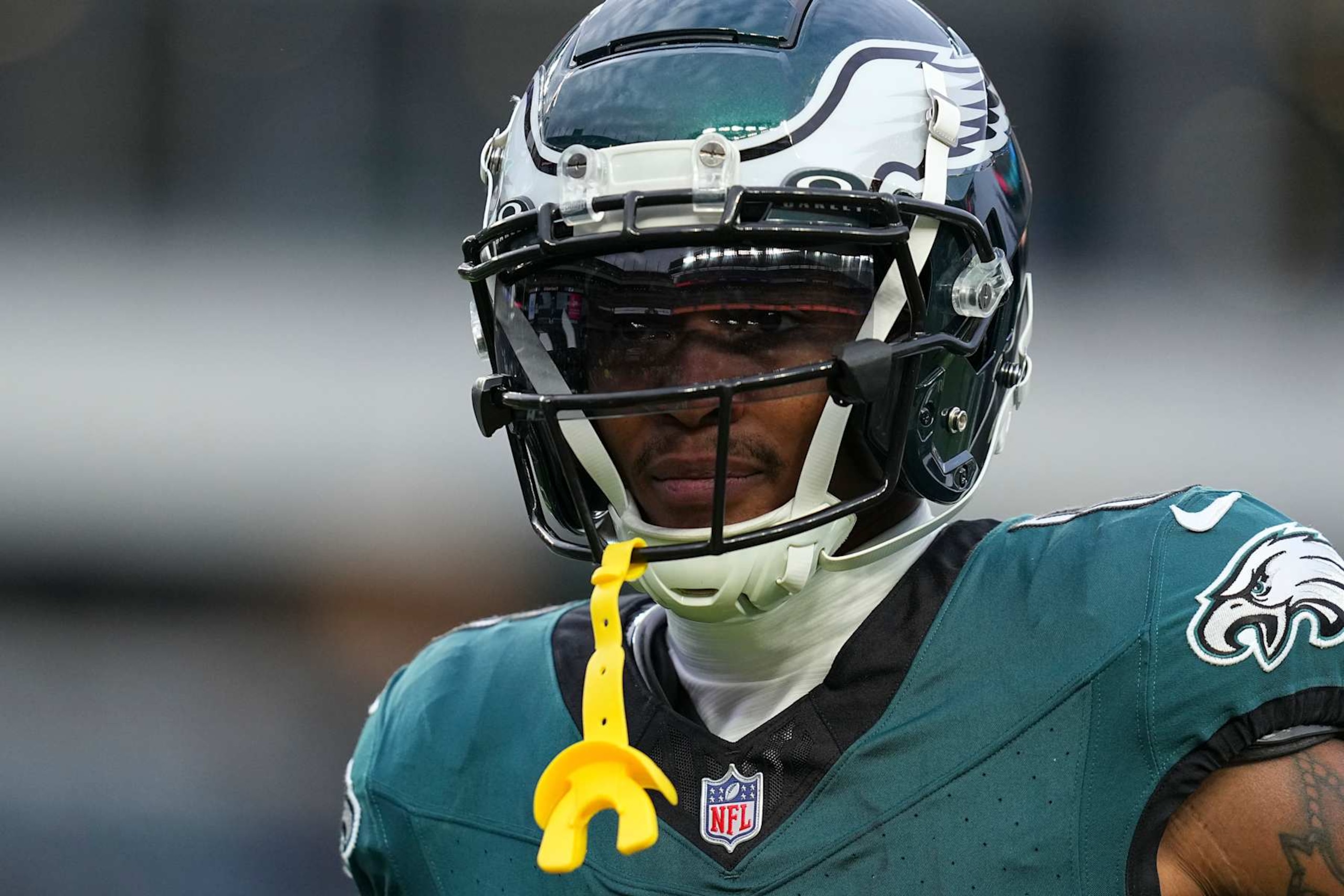 PHILADELPHIA, PENNSYLVANIA - DECEMBER 15: DeVonta Smith #6 of the Philadelphia Eagles looks on against the Pittsburgh Steelers at Lincoln Financial Field on December 15, 2024 in Philadelphia, Pennsylvania. (Photo by Mitchell Leff/Getty Images)