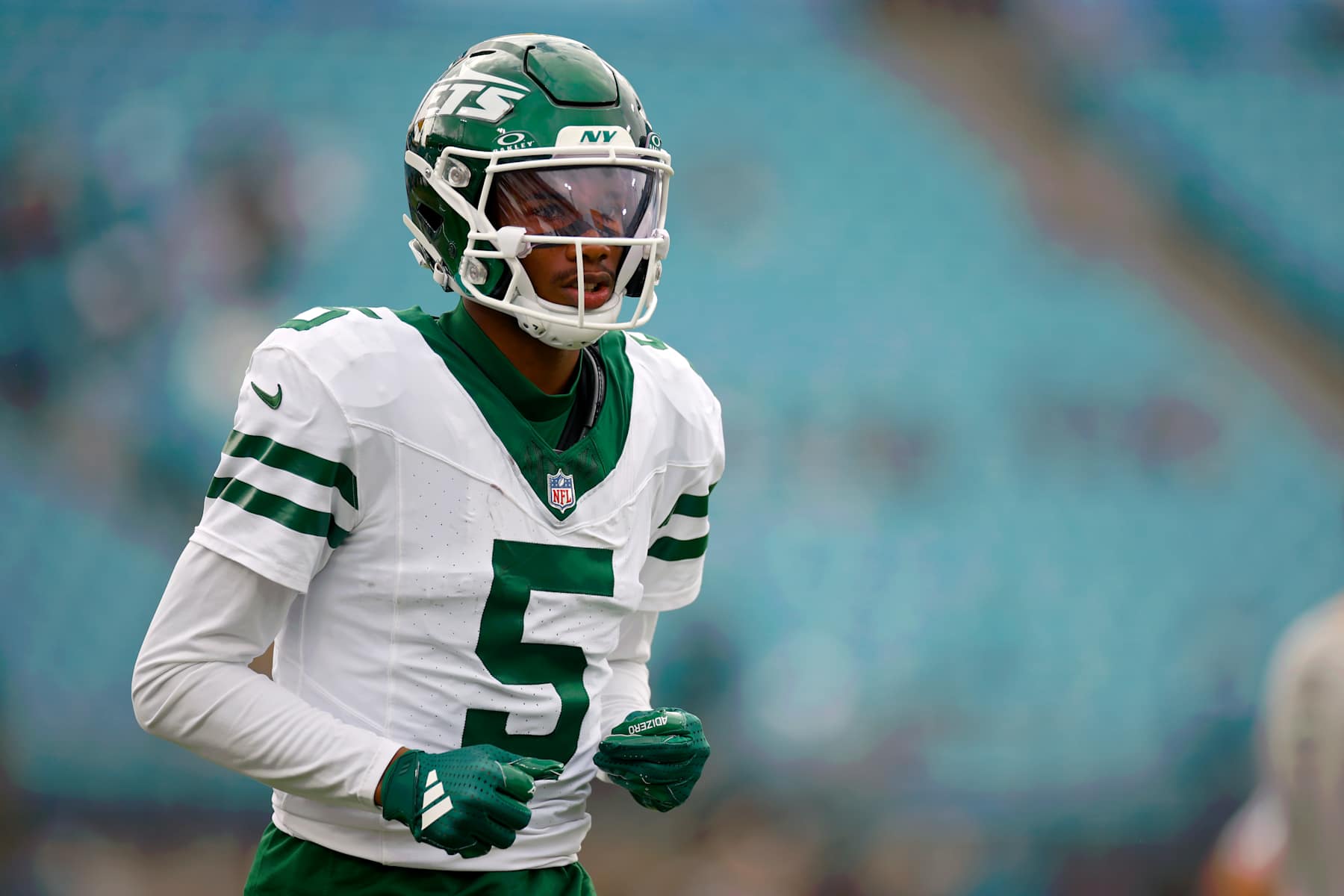 JACKSONVILLE, FLORIDA - DECEMBER 15: Garrett Wilson #5 of the New York Jets looks on before the game against the Jacksonville Jaguars at EverBank Stadium on December 15, 2024 in Jacksonville, Florida. (Photo by Mike Ehrmann/Getty Images)