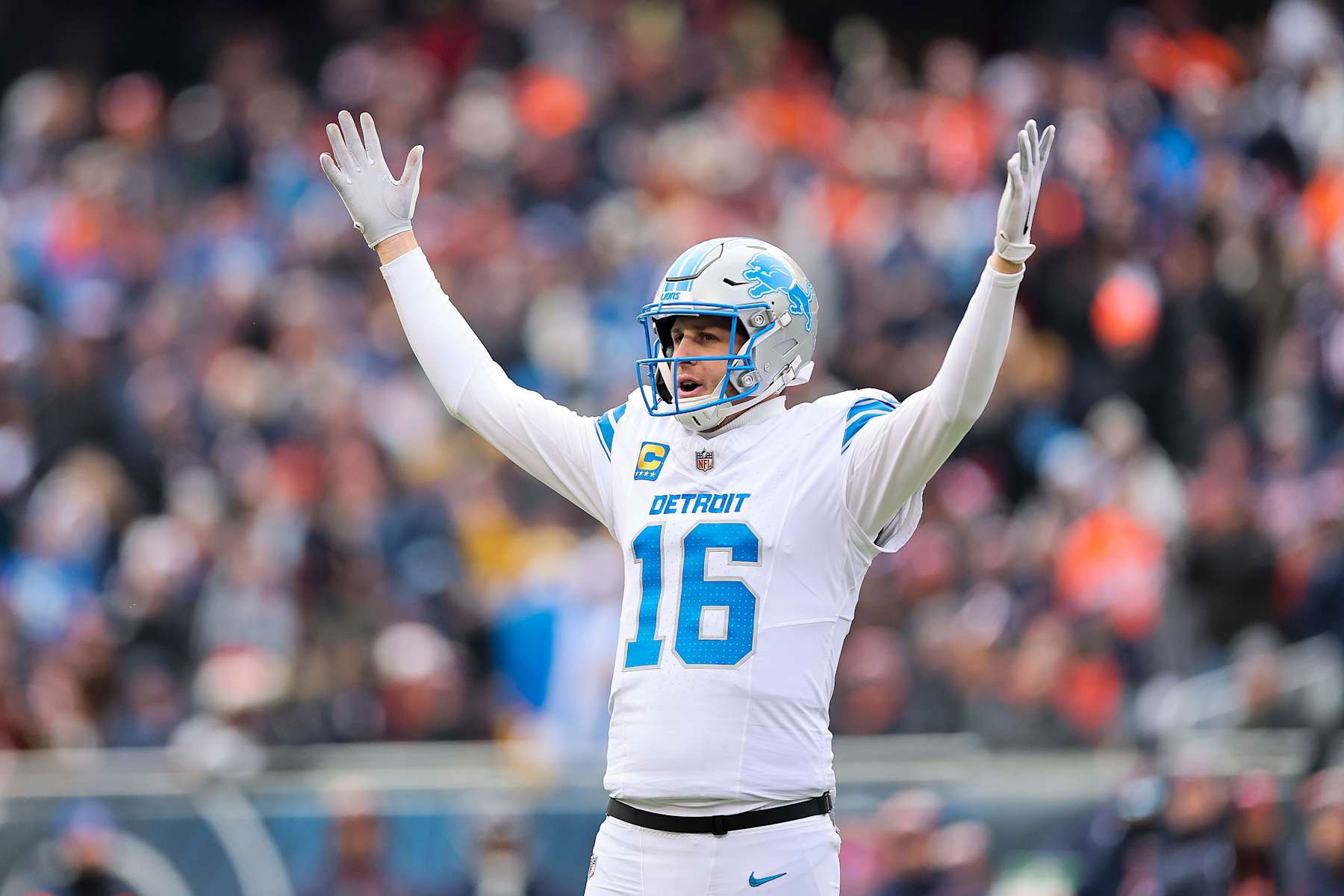 CHICAGO, ILLINOIS - DECEMBER 22: Jared Goff #16 of the Detroit Lions reacts against the Chicago Bears during the first quarter at Soldier Field on December 22, 2024 in Chicago, Illinois. (Photo by Michael Reaves/Getty Images)