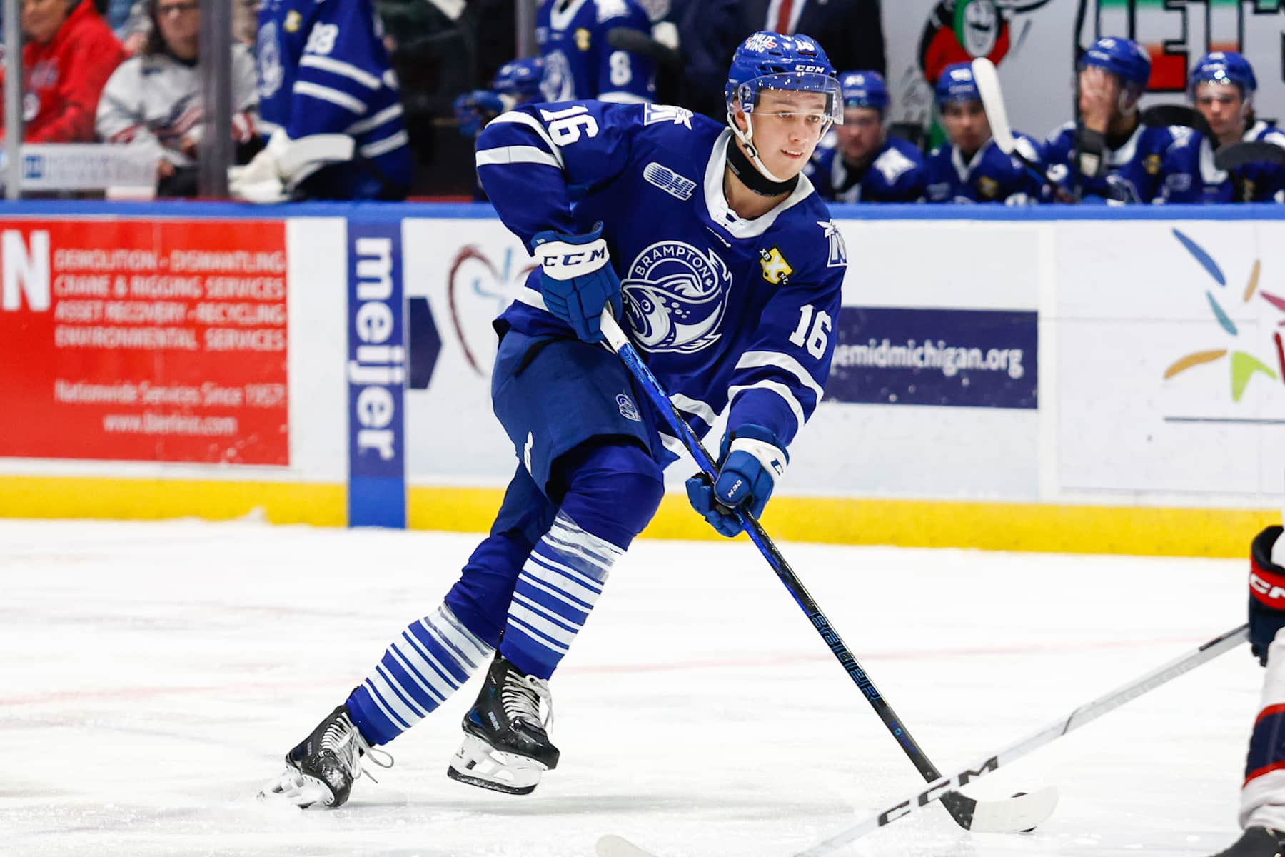 SAGINAW, MI - NOVEMBER 30: Carson Rehkopf #16 of Brampton skates with the puck during a game between Brampton Steelheads and Saginaw Spirit at Dow Event Center on November 30, 2024 in Saginaw, Michigan. (Photo by Michael Miller/ISI Photos/Getty Images)
