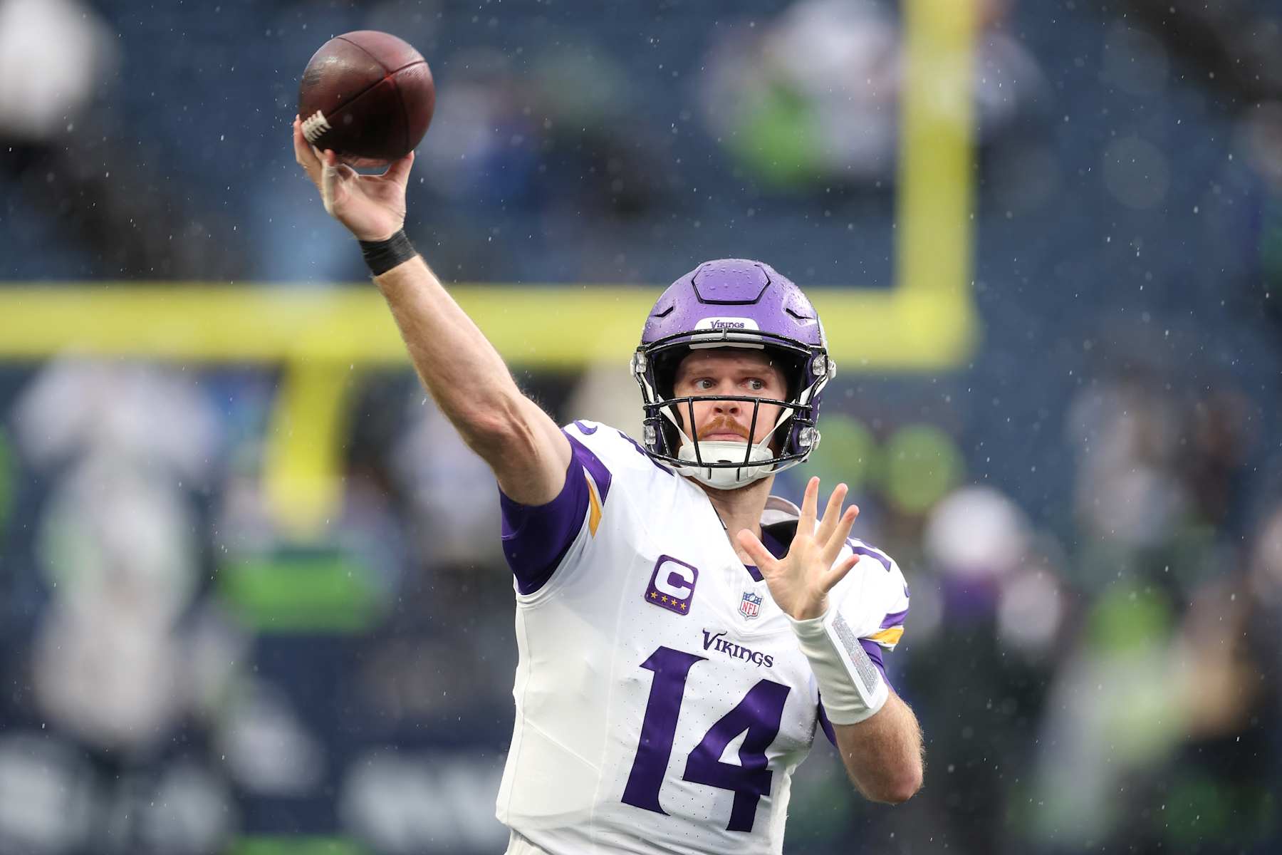 SEATTLE, WASHINGTON - DECEMBER 22: Sam Darnold #14 of the Minnesota Vikings warms up before the game against the Seattle Seahawks at Lumen Field on December 22, 2024 in Seattle, Washington. (Photo by Steph Chambers/Getty Images)