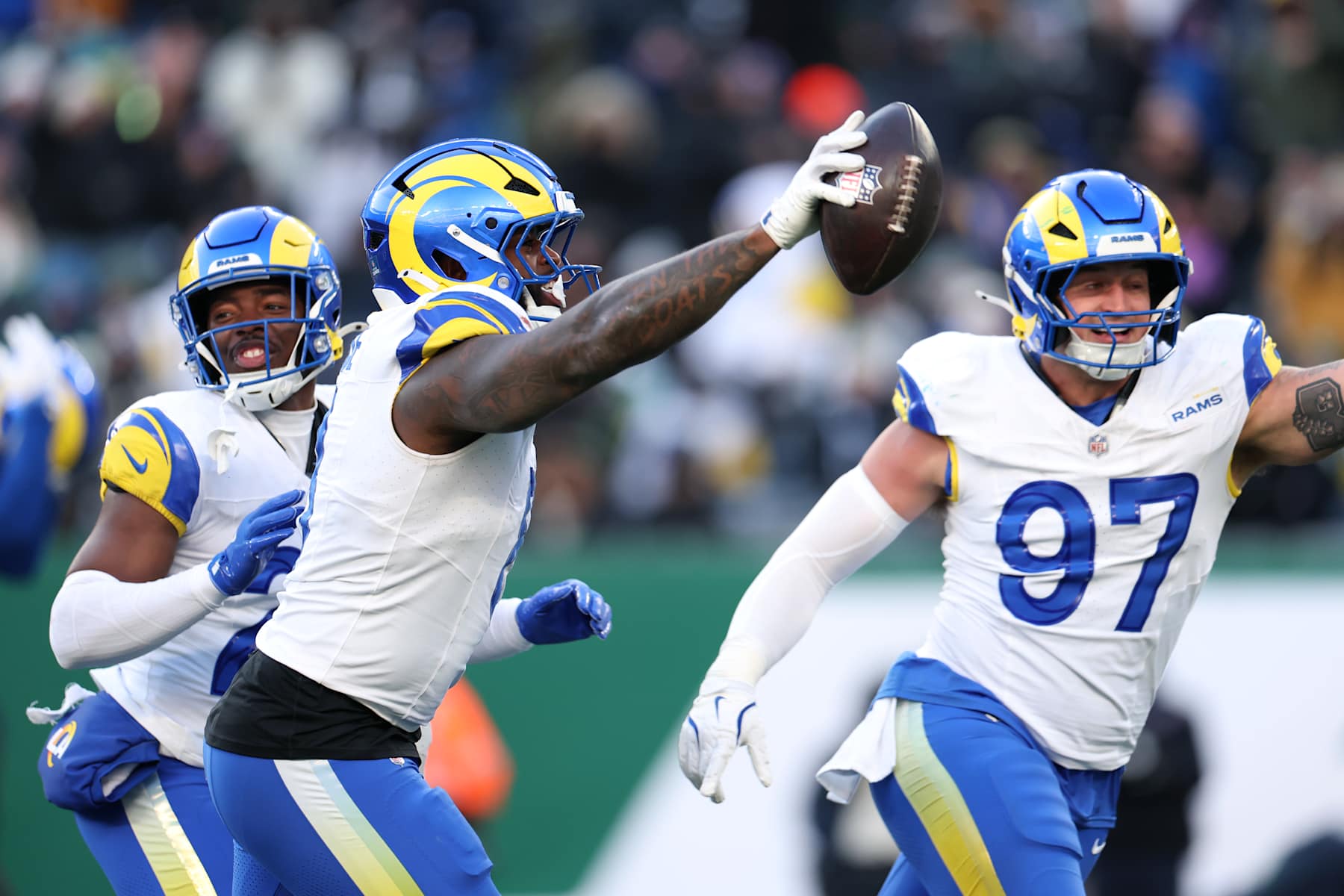 EAST RUTHERFORD, NEW JERSEY - DECEMBER 22: Jared Verse #8 of the Los Angeles Rams celebrates after recovering a fumble against the New York Jets during the fourth quarter at MetLife Stadium on December 22, 2024 in East Rutherford, New Jersey. (Photo by Emilee Chinn/Getty Images)