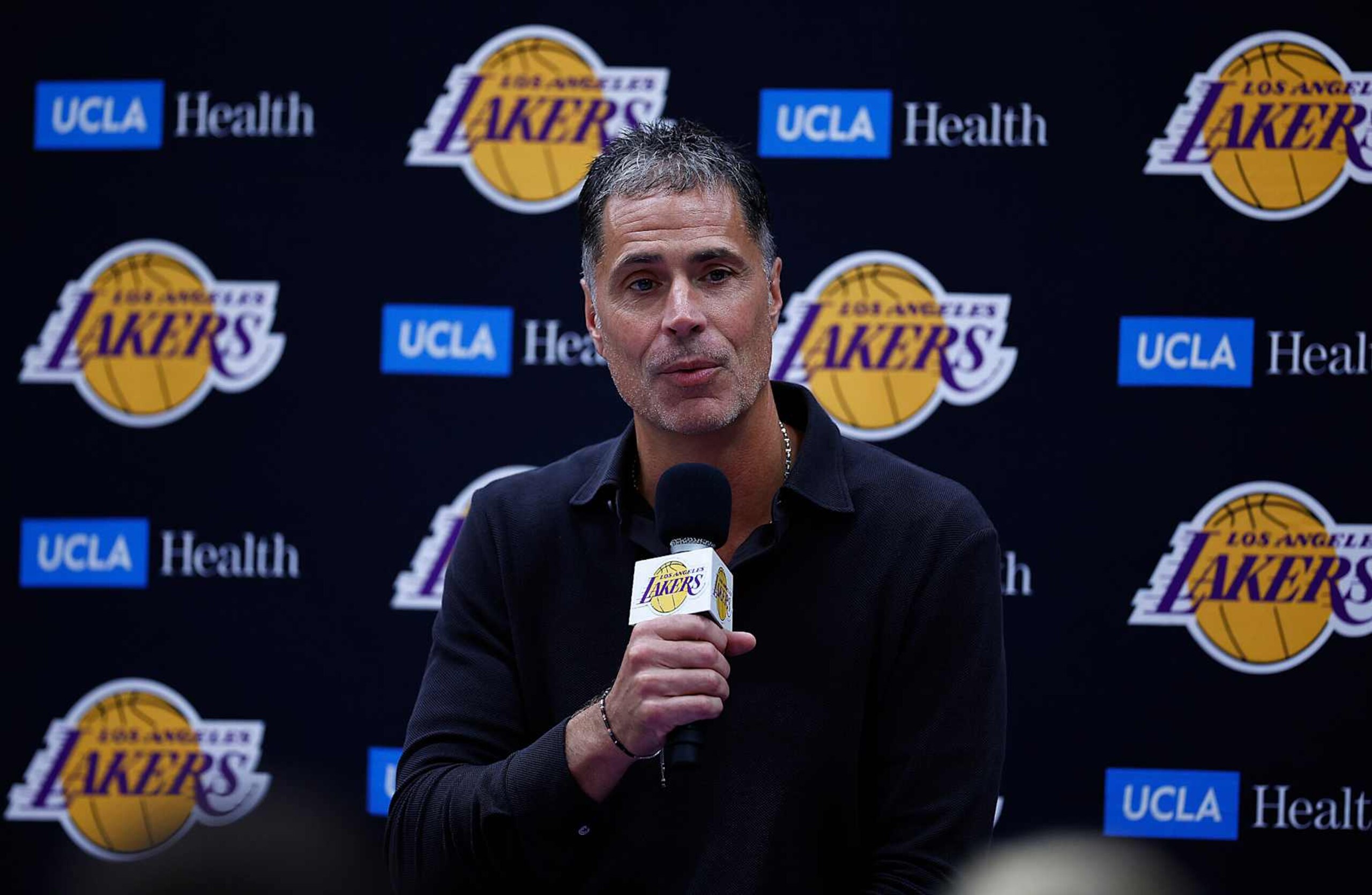 EL SEGUNDO, CALIFORNIA - SEPTEMBER 25: General Manager Rob Pelinka of the Los Angeles Lakers speaks with the media during a press conference at UCLA Health Training Center on September 25, 2024 in El Segundo, California.  NOTE TO USER: User expressly acknowledges and agrees that, by downloading and or using this photograph, User is consenting to the terms and conditions of the Getty Images License Agreement. (Photo by Ronald Martinez/Getty Images)