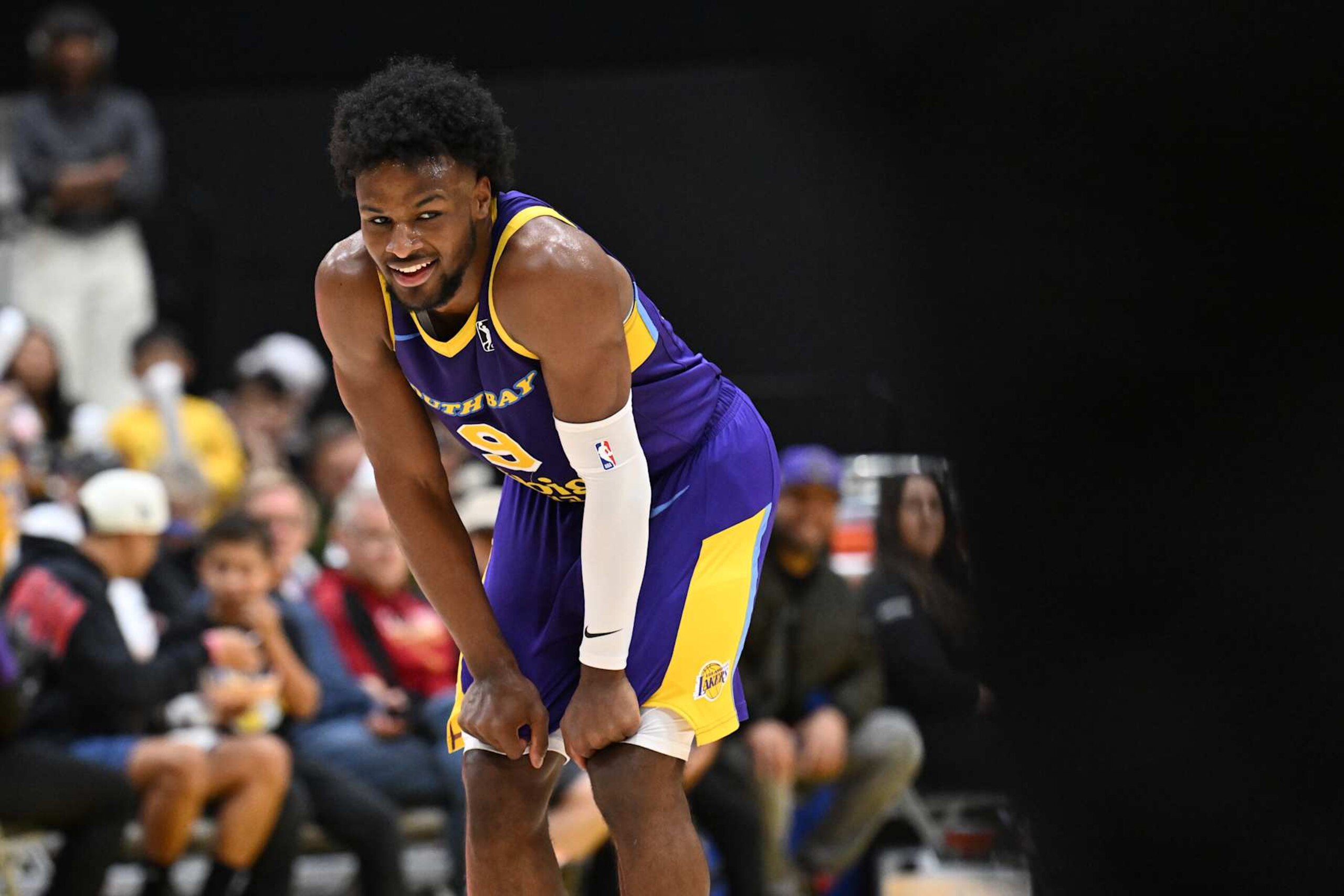 EL SEGUNDO, CA - DECEMBER 07: Bronny James #9 of the South Bay Lakers smiles during the game against the San Diego Clippers on December 07, 2024 at UCLA Health Training Center in El Segundo, California. NOTE TO USER: User expressly acknowledges and agrees that, by downloading and or using this photograph, user is consenting to the terms and conditions of the Getty Images License Agreement. Mandatory Copyright Notice: Copyright 2024 NBAE (Photo by Adam Pantozzi/NBAE via Getty Images)