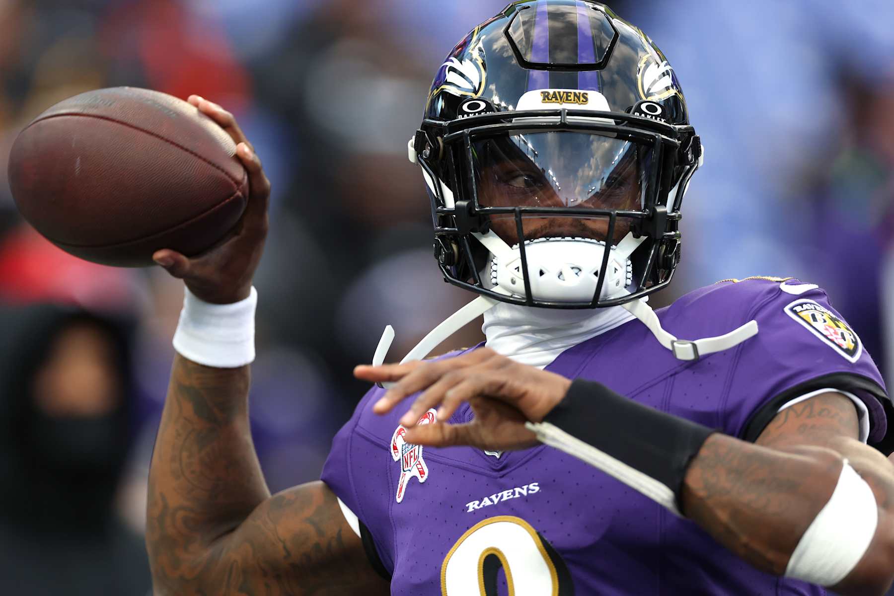 BALTIMORE, MARYLAND - DECEMBER 21: Lamar Jackson #8 of the Baltimore Ravens warms up before the game against the Pittsburgh Steelers at M&T Bank Stadium on December 21, 2024 in Baltimore, Maryland. (Photo by Patrick Smith/Getty Images)