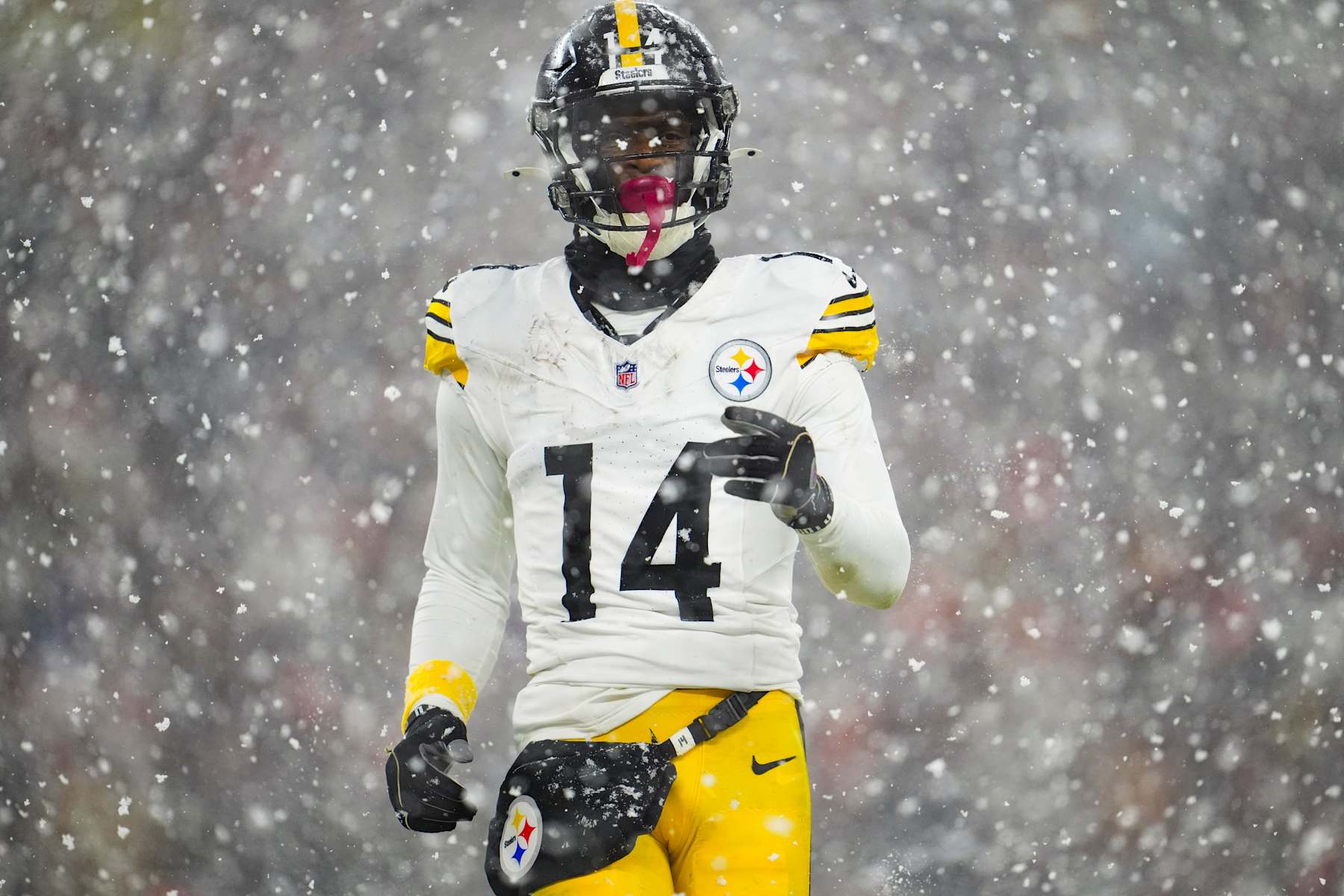 CLEVELAND, OH - NOVEMBER 21: George Pickens #14 of the Pittsburgh Steelers looks on from the field during an NFL football game against the Cleveland Browns at Huntington Bank Field on November 21, 2024 in Cleveland, Ohio. (Photo by Cooper Neill/Getty Images)