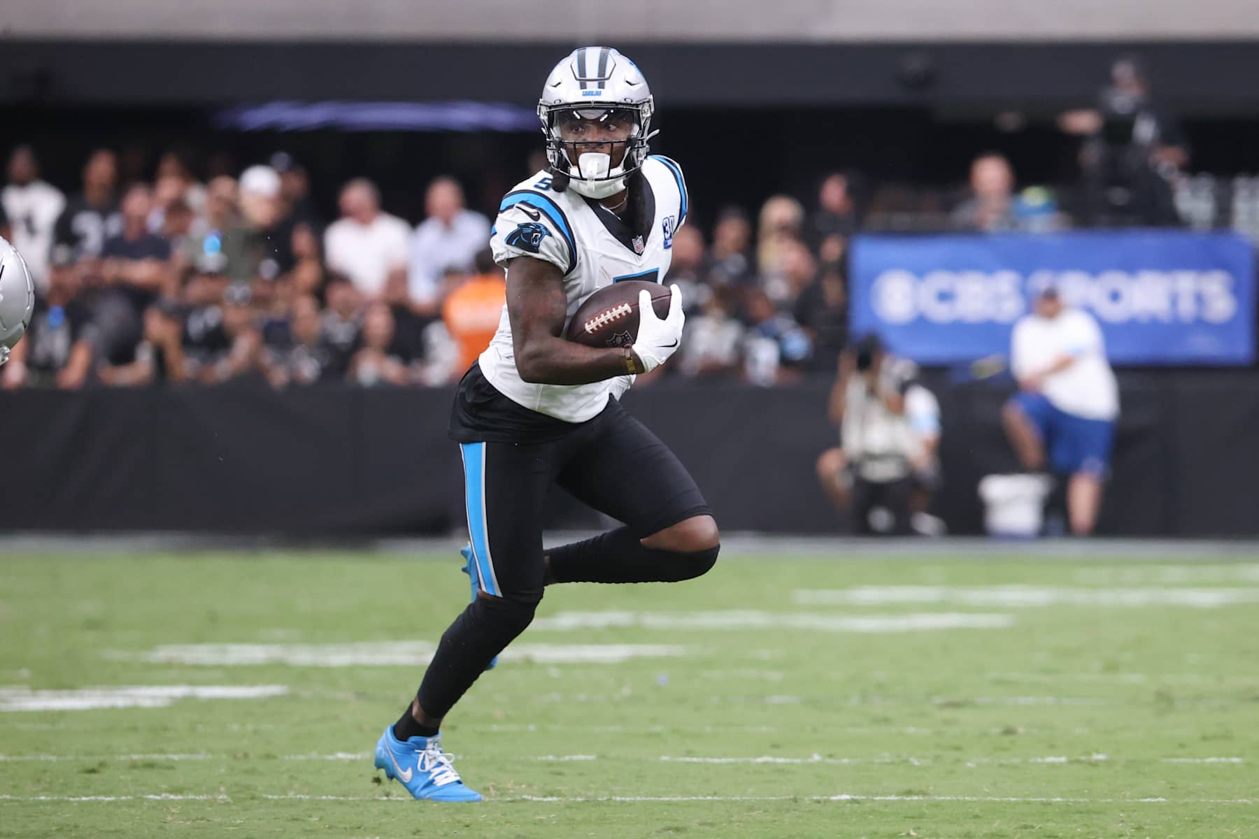 LAS VEGAS, NEVADA - SEPTEMBER 22: Diontae Johnson #5 of the Carolina Panthers runs after a catch during the second quarter of a game against the Las Vegas Raiders at Allegiant Stadium on September 22, 2024 in Las Vegas, Nevada. (Photo by Ian Maule/Getty Images)
