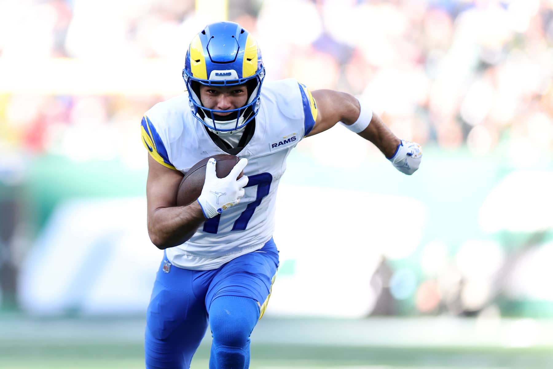 EAST RUTHERFORD, NEW JERSEY - DECEMBER 22: Puka Nacua #17 of the Los Angeles Rams runs the ball against the New York Jets during the second quarter at MetLife Stadium on December 22, 2024 in East Rutherford, New Jersey. (Photo by Emilee Chinn/Getty Images)