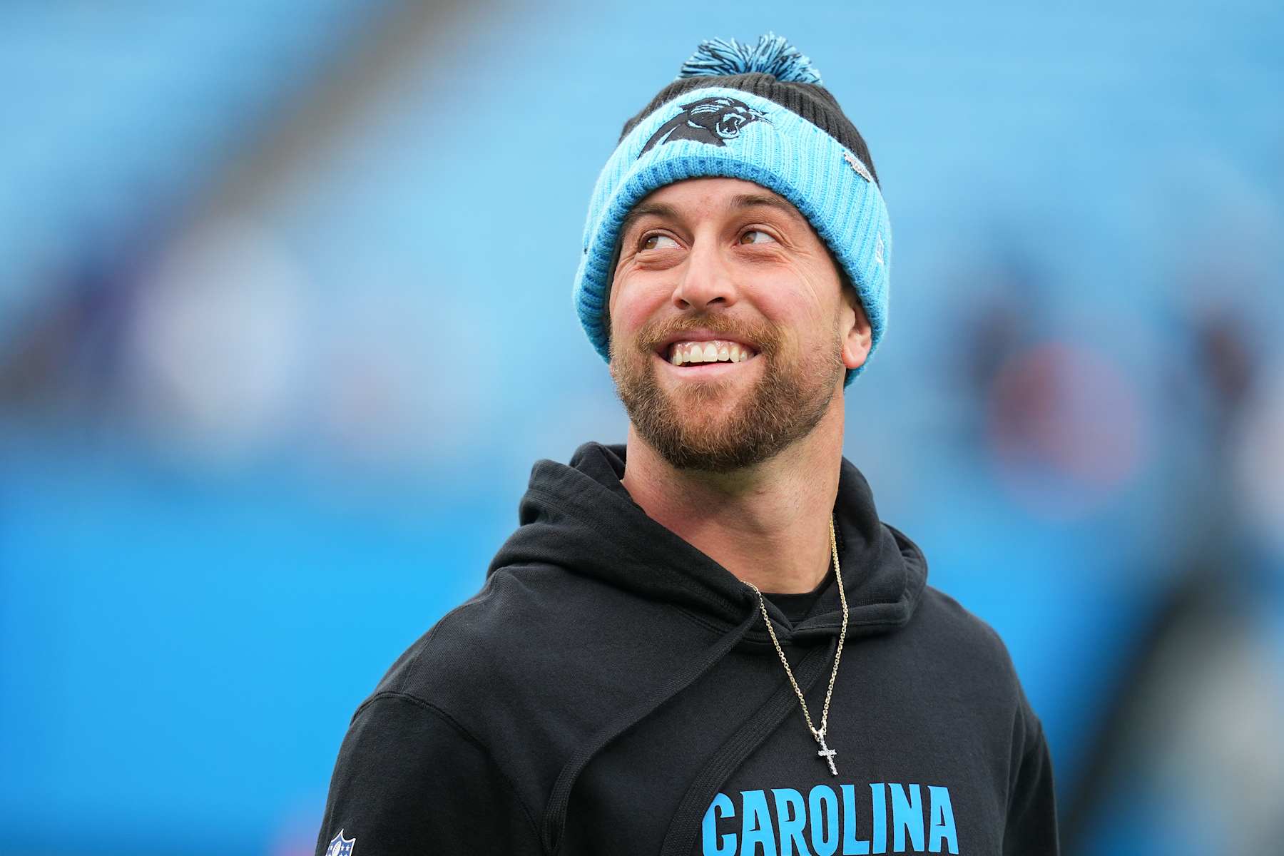 CHARLOTTE, NORTH CAROLINA - DECEMBER 15: Adam Thielen #19 of the Carolina Panthers smiles before playing the Dallas Cowboys at Bank of America Stadium on December 15, 2024 in Charlotte, North Carolina. (Photo by Grant Halverson/Getty Images)