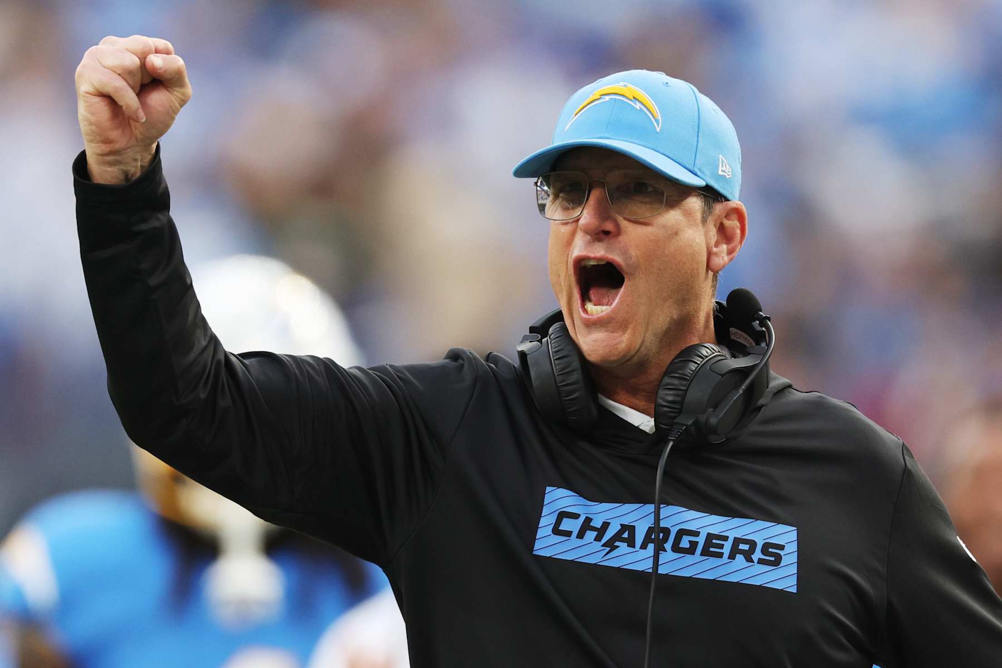 INGLEWOOD, CALIFORNIA - DECEMBER 15: Head coach Jim Harbaugh of the Los Angeles Chargers celebrates after a touchdown
during the second quarter of a game against the Tampa Bay Buccaneers at SoFi Stadium on December 15, 2024 in Inglewood, California. (Photo by Harry How/Getty Images) INGLEWOOD, CALIFORNIA - DECEMBER 15: Head coach Jim Harbaugh of the Los Angeles Chargers celebrates after a touchdown
during the second quarter of a game against the Tampa Bay Buccaneers at SoFi Stadium on December 15, 2024 in Inglewood, California. (Photo by Harry How/Getty Images)