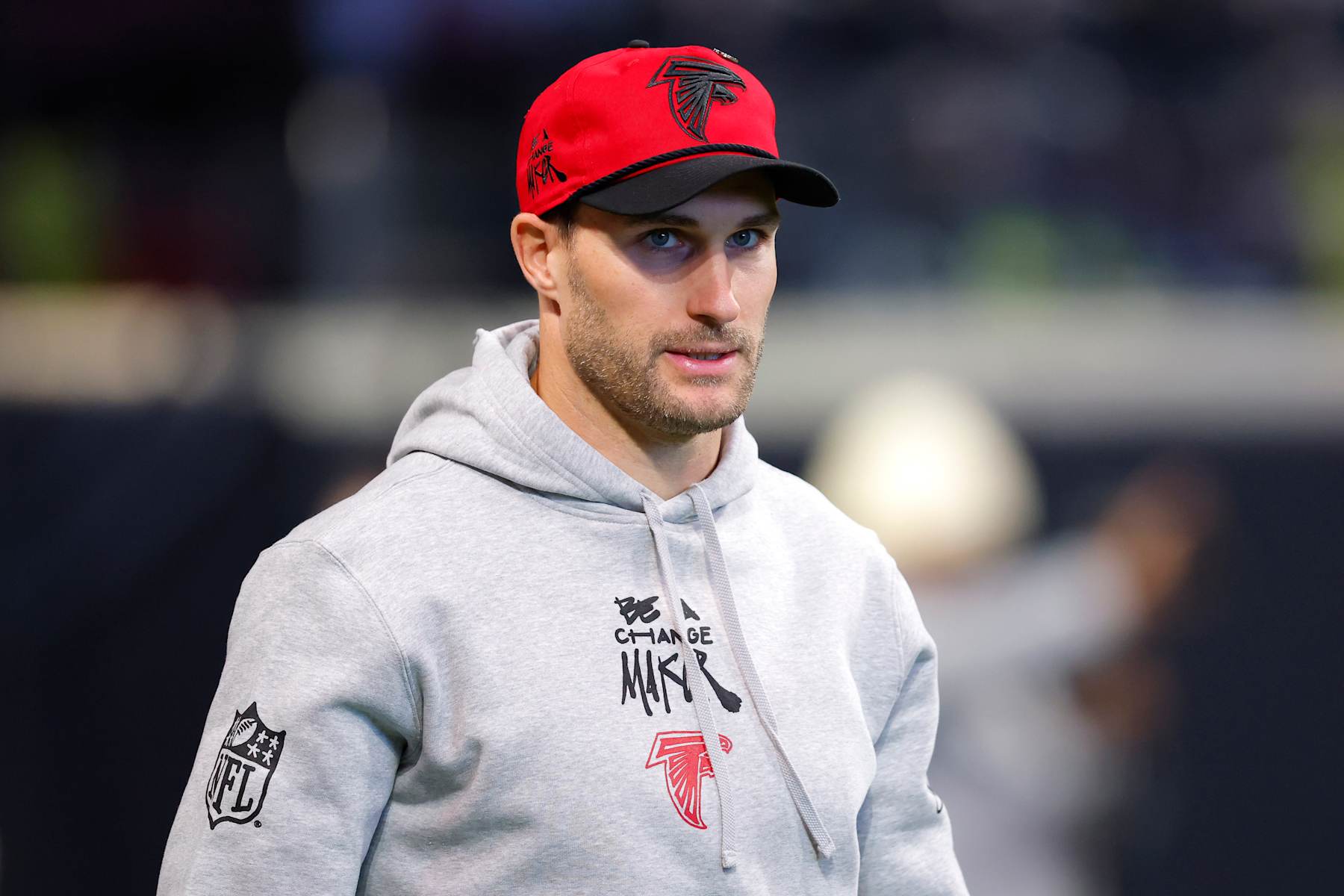 ATLANTA, GEORGIA - DECEMBER 22: Kirk Cousins #18 of the Atlanta Falcons looks on prior to a game against the New York Giants at Mercedes-Benz Stadium on December 22, 2024 in Atlanta, Georgia. (Photo by Todd Kirkland/Getty Images)