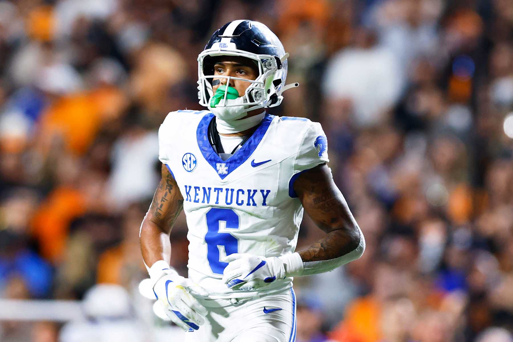 KNOXVILLE, TENNESSEE - NOVEMBER 02: Dane Key #6 of the Kentucky Wildcats looks on during the game at Neyland Stadium between Kentucky and Tennessee on November 02, 2024 in Knoxville, Tennessee. (Photo by Johnnie Izquierdo/Getty Images)