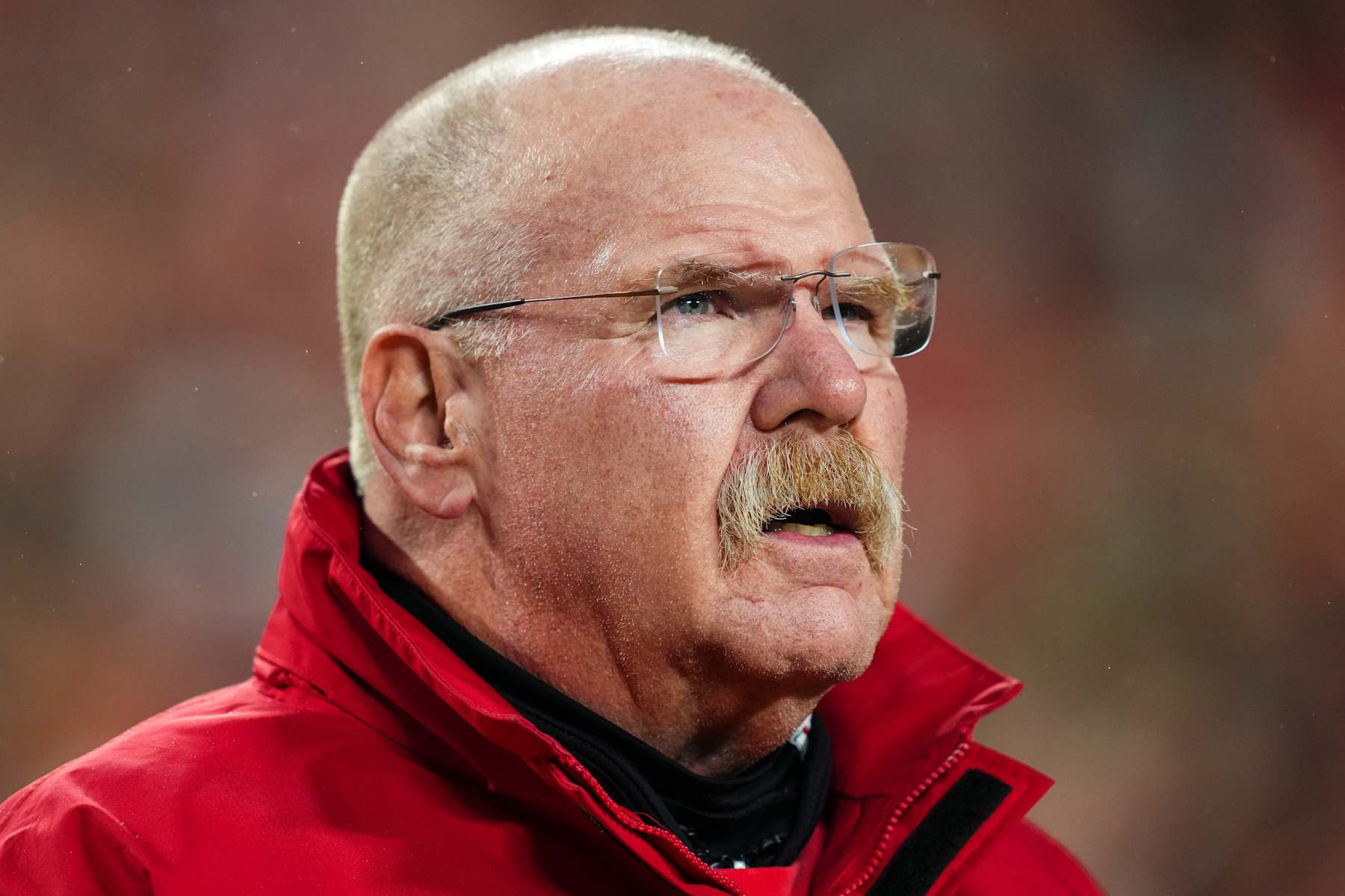 KANSAS CITY, MO - DECEMBER 08: Kansas City Chiefs head coach Andy Reid looks on from the sideline prior to an NFL football game against the Los Angeles Chargers at GEHA Field at Arrowhead Stadium on December 8, 2024 in Kansas City, Missouri. (Photo by Cooper Neill/Getty Images)