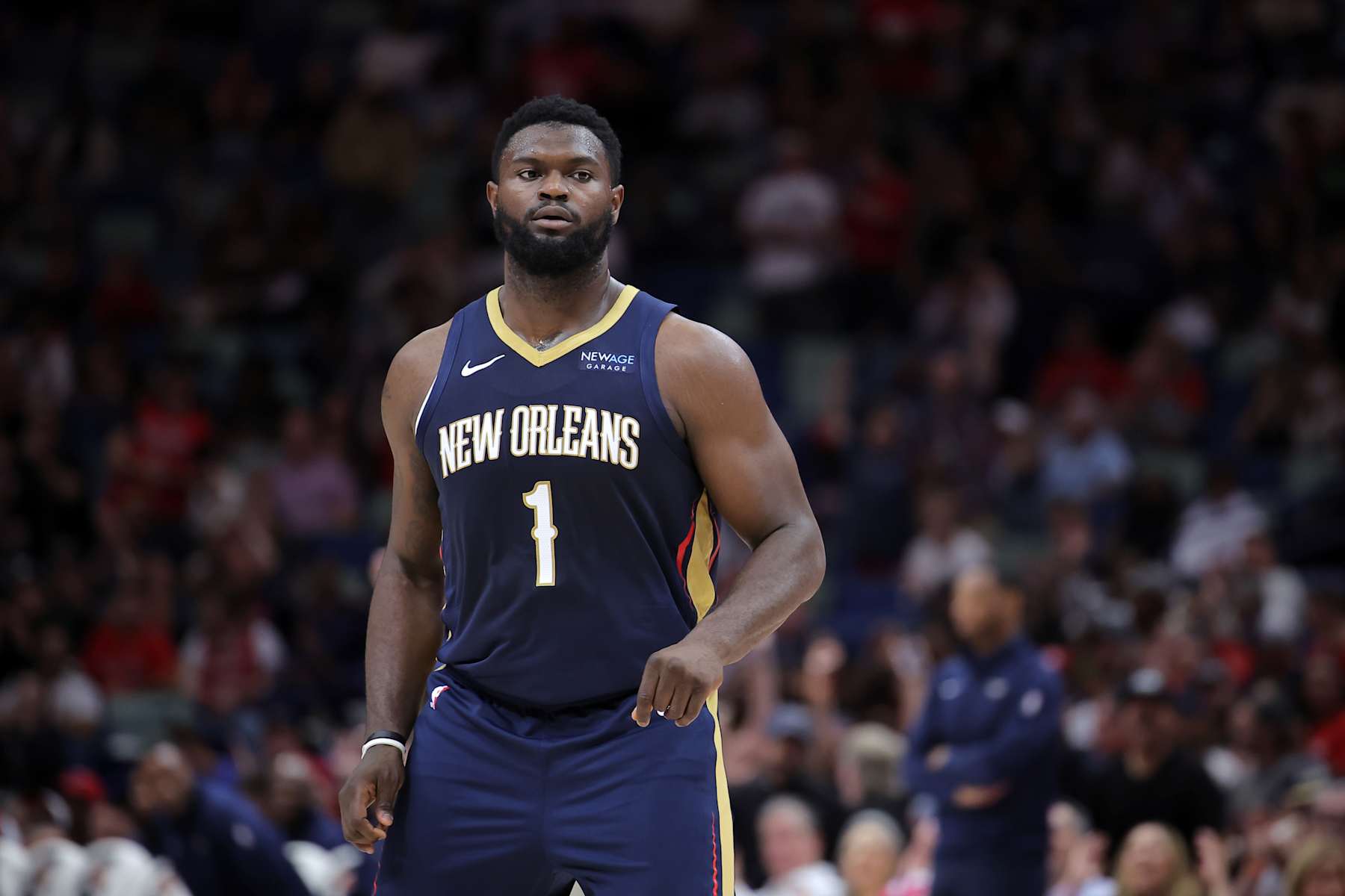 NEW ORLEANS, LOUISIANA - NOVEMBER 06: Zion Williamson #1 of the New Orleans Pelicans reacts against the Cleveland Cavaliers during the second half at the Smoothie King Center on November 06, 2024 in New Orleans, Louisiana. NOTE TO USER: User expressly acknowledges and agrees that, by downloading and or using this Photograph, user is consenting to the terms and conditions of the Getty Images License Agreement. (Photo by Jonathan Bachman/Getty Images)