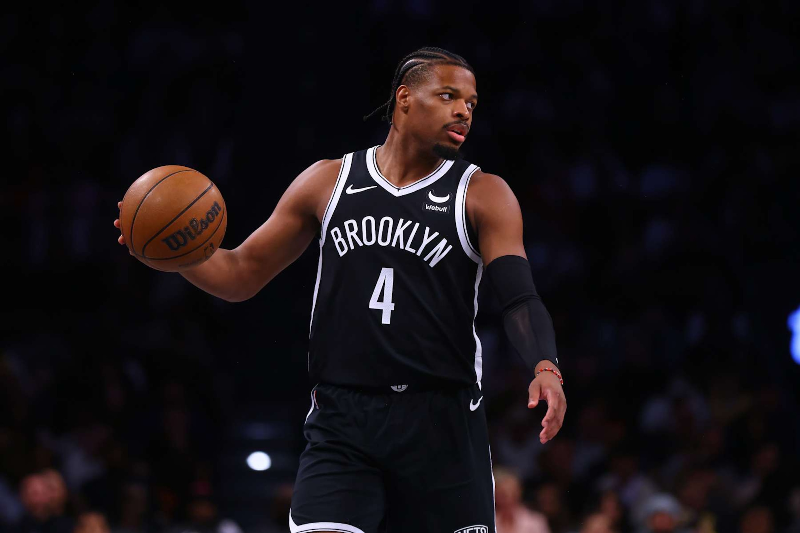 NEW YORK, NEW YORK - MARCH 31: Dennis Smith Jr. #4 of the Brooklyn Nets in action against the Los Angeles Lakers at Barclays Center on March 31, 2024 in New York City. NOTE TO USER: User expressly acknowledges and agrees that, by downloading and or using this photograph, User is consenting to the terms and conditions of the Getty Images License Agreement. Los Angeles Lakers defeated the Brooklyn Nets 116-104. (Photo by Mike Stobe/Getty Images) NEW YORK, NEW YORK - MARCH 31: Dennis Smith Jr. #4 of the Brooklyn Nets in action against the Los Angeles Lakers at Barclays Center on March 31, 2024 in New York City. NOTE TO USER: User expressly acknowledges and agrees that, by downloading and or using this photograph, User is consenting to the terms and conditions of the Getty Images License Agreement. Los Angeles Lakers defeated the Brooklyn Nets 116-104. (Photo by Mike Stobe/Getty Images)
