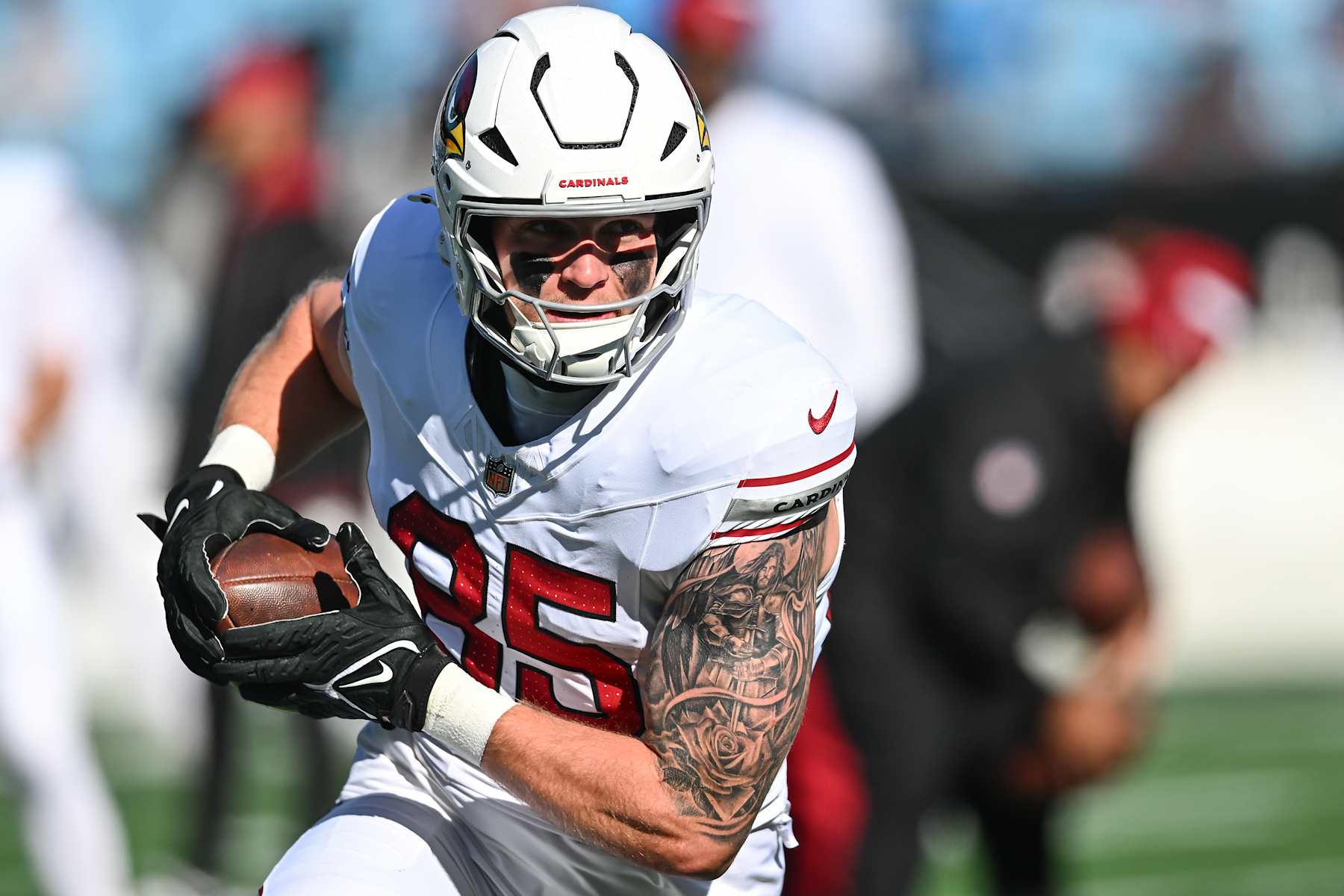 CHARLOTTE, NORTH CAROLINA - DECEMBER 22: Trey McBride #85 of the Arizona Cardinals warms up prior to his game against the Carolina Panthers at Bank of America Stadium on December 22, 2024 in Charlotte, North Carolina. (Photo by Matt Kelley/Getty Images)