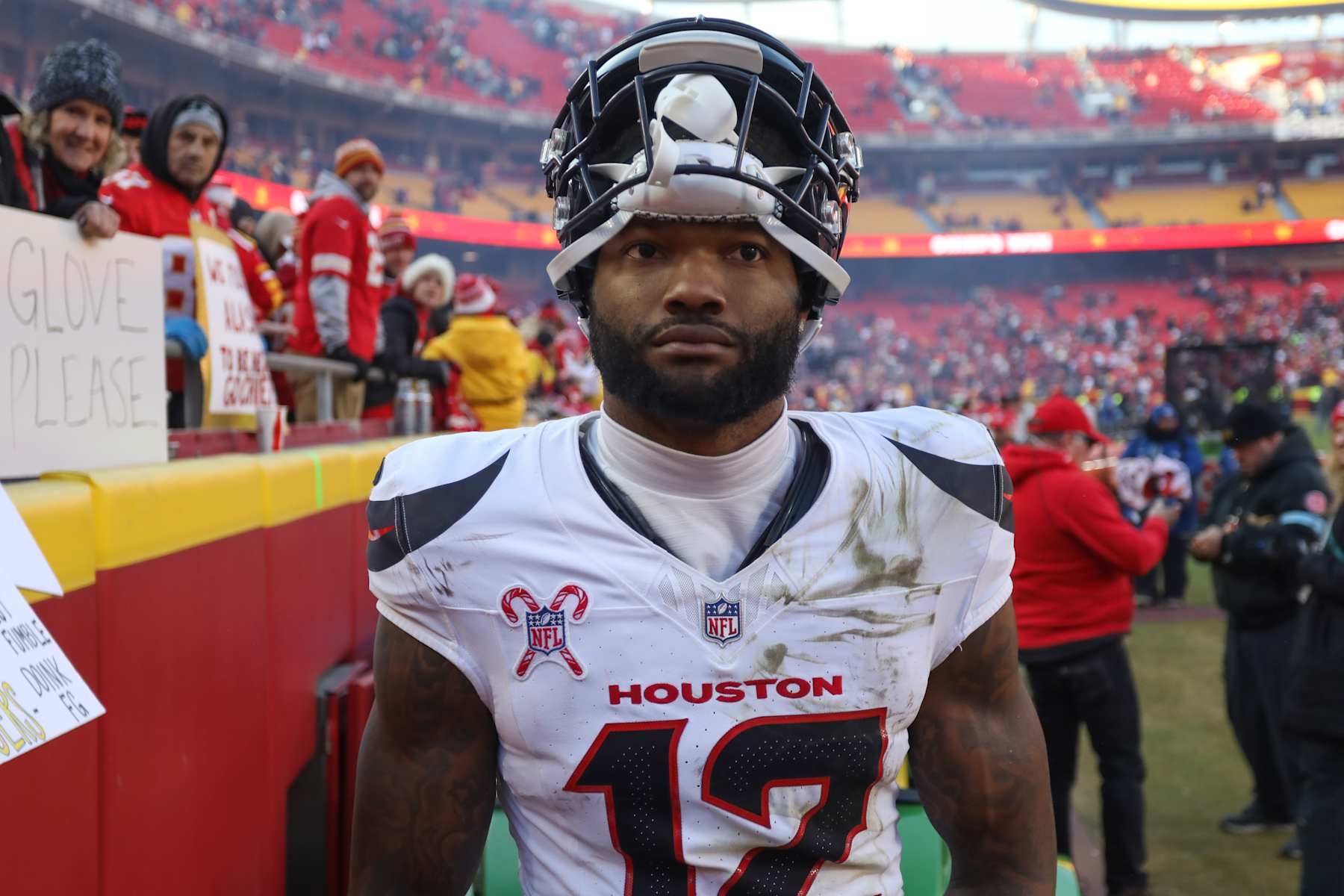KANSAS CITY, MO - DECEMBER 21: Houston Texans wide receiver Nico Collins (12) after an NFL game between the Houston Texans and Kansas City Chiefs on December 21, 2024 at GEHA Field at Arrowhead Stadium in Kansas City, MO. (Photo by Scott Winters/Icon Sportswire via Getty Images)