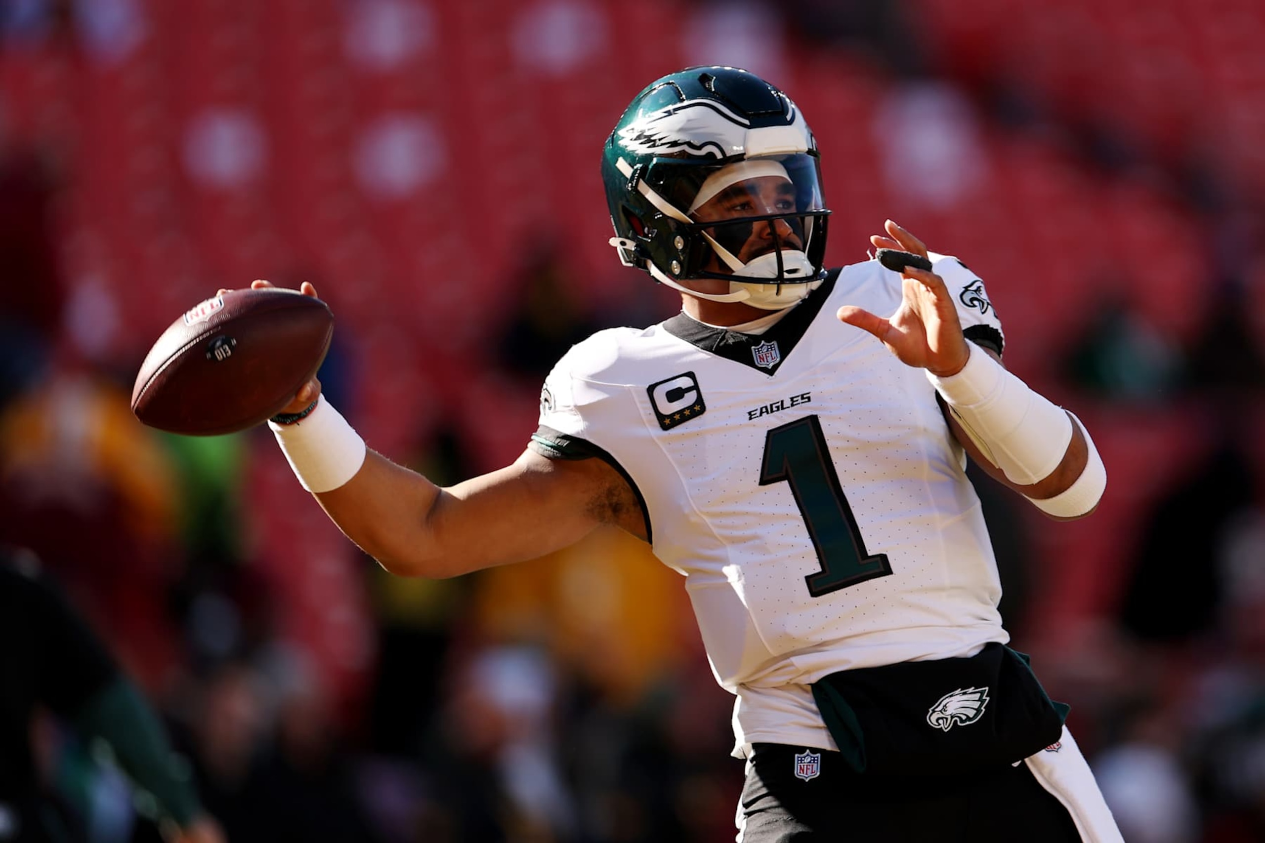 LANDOVER, MARYLAND - DECEMBER 22:  Jalen Hurts #1 of the Philadelphia Eagles warms up prior to the game against the Washington Commanders at Northwest Stadium on December 22, 2024 in Landover, Maryland. (Photo by Scott Taetsch/Getty Images)