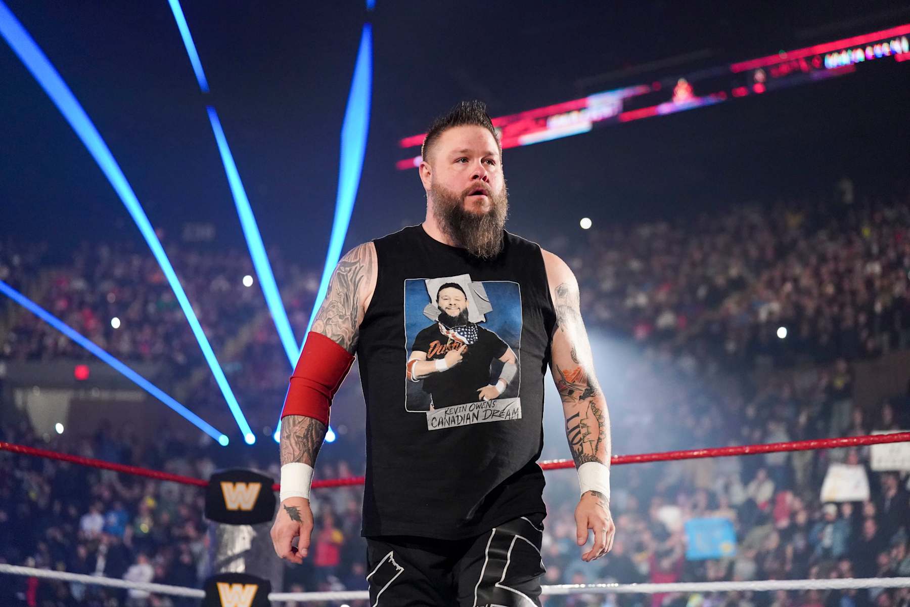 UNIONDALE, NEW YORK - DECEMBER 14: Kevin Owens enters the arena during Saturday Night Main Event at Nassau Veterans Memorial Coliseum on December 14, 2024 in Uniondale, New York. (Photo by WWE/Getty Images)