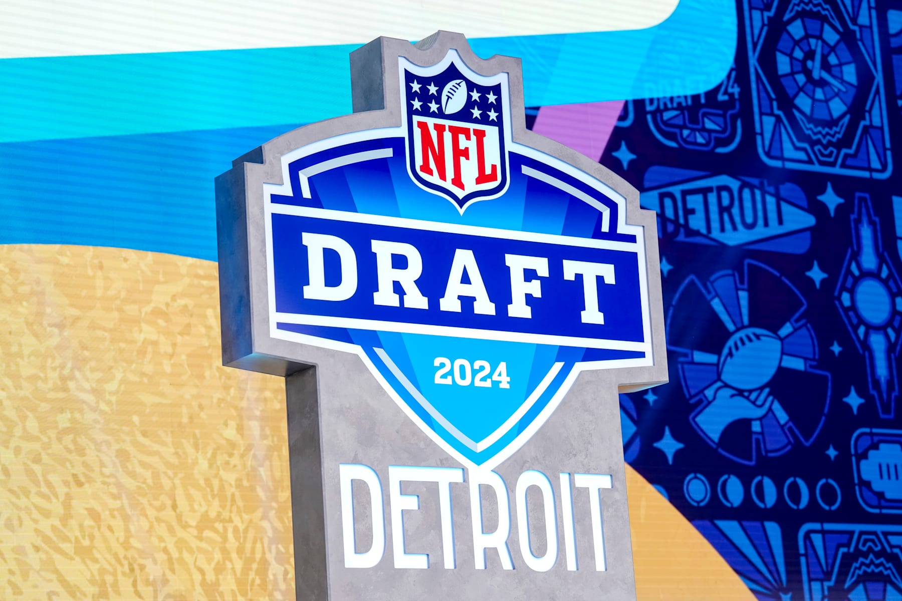 DETROIT, MICHIGAN - APRIL 27: A detail of the NFL logo for the 2024 NFL draft during round four of the 2024 NFL draft at Campus Martius Park and Hart Plaza on April 27, 2024 in Detroit, Michigan. (Photo by Nic Antaya/Getty Images)