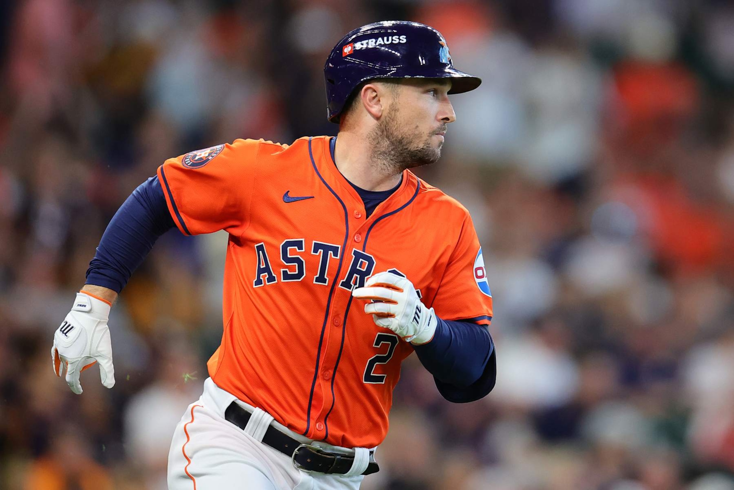 HOUSTON, TEXAS - OCTOBER 02: Alex Bregman #2 of the Houston Astros runs to first base after hitting a single against the Detroit Tigers in the second inning during Game Two of the Wild Card Series at Minute Maid Park on October 02, 2024 in Houston, Texas. (Photo by Alex Slitz/Getty Images) HOUSTON, TEXAS - OCTOBER 02: Alex Bregman #2 of the Houston Astros runs to first base after hitting a single against the Detroit Tigers in the second inning during Game Two of the Wild Card Series at Minute Maid Park on October 02, 2024 in Houston, Texas. (Photo by Alex Slitz/Getty Images)
