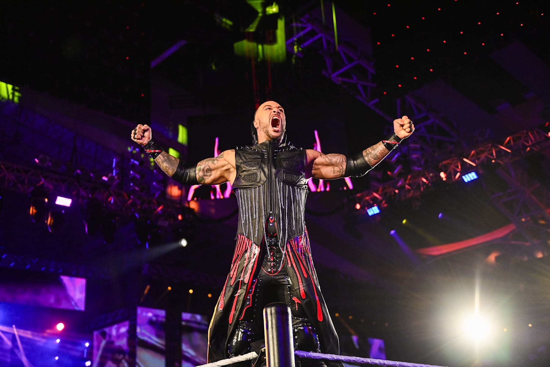 RIYADH, SAUDI ARABIA - NOVEMBER 4: Damien Priest enters the ring during Monday Night RAW at Mohammed Abdo Arena on November 4, 2024 in Riyadh, Saudi Arabia. (Photo by WWE/Getty Images)