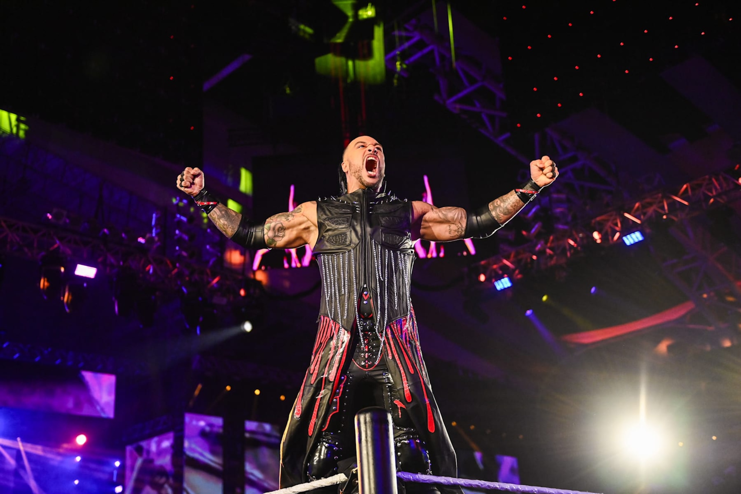 RIYADH, SAUDI ARABIA - NOVEMBER 4: Damien Priest enters the ring during Monday Night RAW at Mohammed Abdo Arena on November 4, 2024 in Riyadh, Saudi Arabia.  (Photo by WWE/Getty Images)