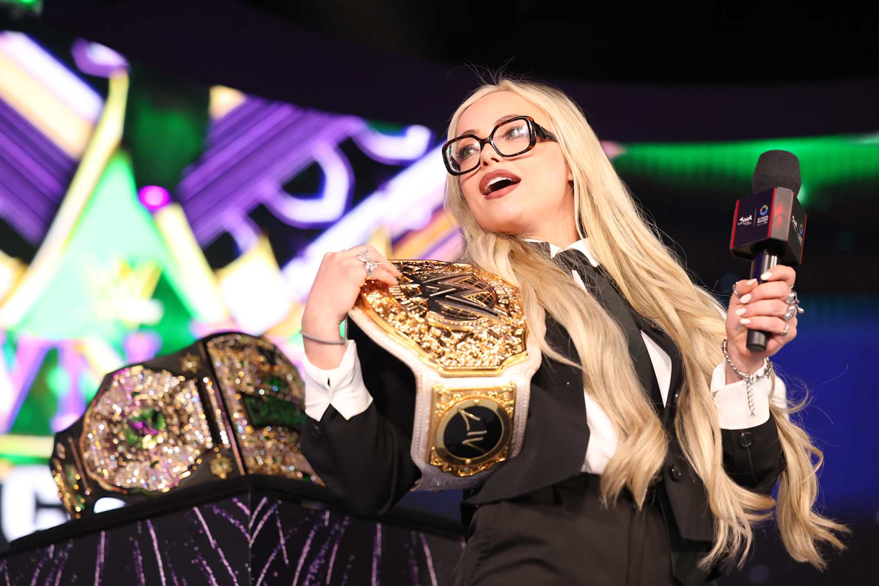 RIYADH, SAUDI ARABIA - NOVEMBER 1: Liv Morgan looks on during Crown Jewel Kickoff at Mohammed Abdo Arena on November 1, 2024 in Riyadh, Saudi Arabia. (Photo by WWE/Getty Images)
