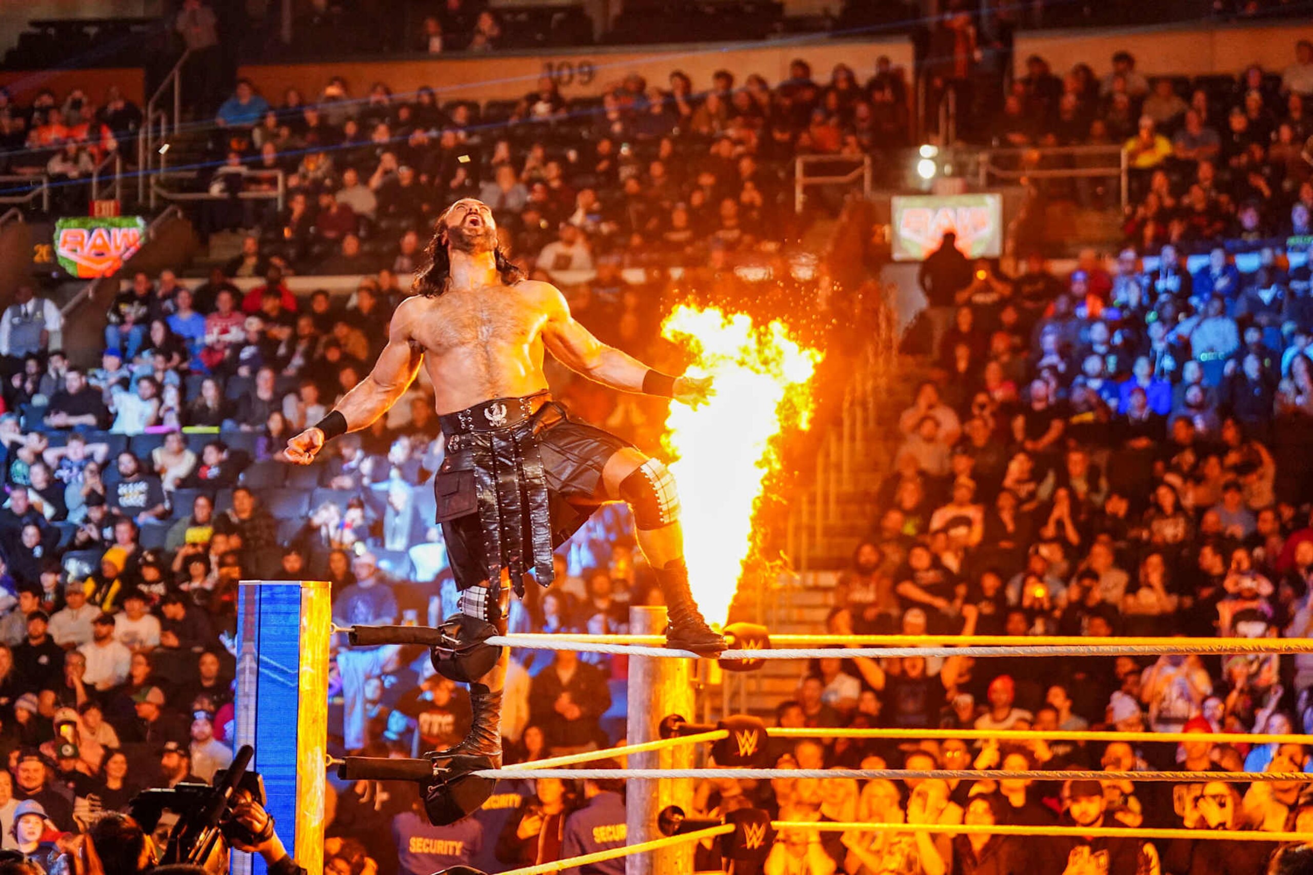 BOSTON, MASSACHUSETTS - DECEMBER 23: Drew McIntyre makes a fiery entrance during Monday Night RAW at TD Garden on December 23, 2024 in Boston, Massachusetts.  (Photo by WWE/Getty Images)