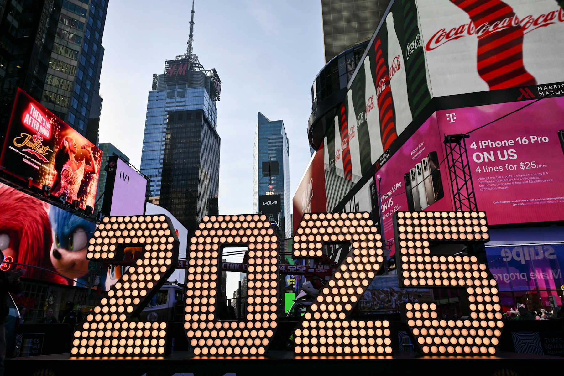 TOPSHOT - The 2025 numerals are displayed after an illumination ceremony in Times Square on December 18, 2024 in New York City. The 2025 numerals arrive in Times Square for the New Year's Eve ball drop, in New York. (Photo by ANGELA WEISS / AFP) (Photo by ANGELA WEISS/AFP via Getty Images)