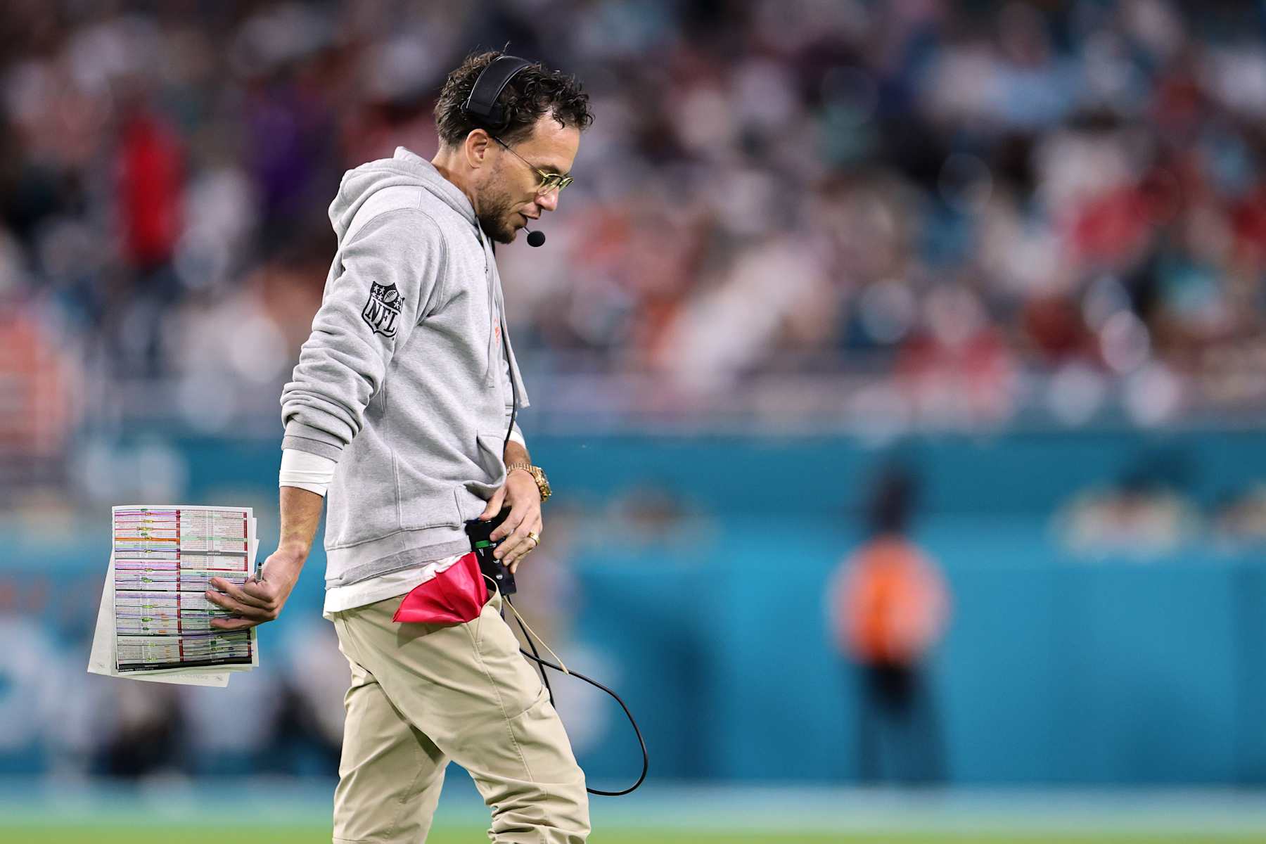 MIAMI GARDENS, FLORIDA - DECEMBER 22: Head coach Mike McDaniel of the Miami Dolphins looks on during the third quarter against the San Francisco 49ers at Hard Rock Stadium on December 22, 2024 in Miami Gardens, Florida. (Photo by Carmen Mandato/Getty Images)