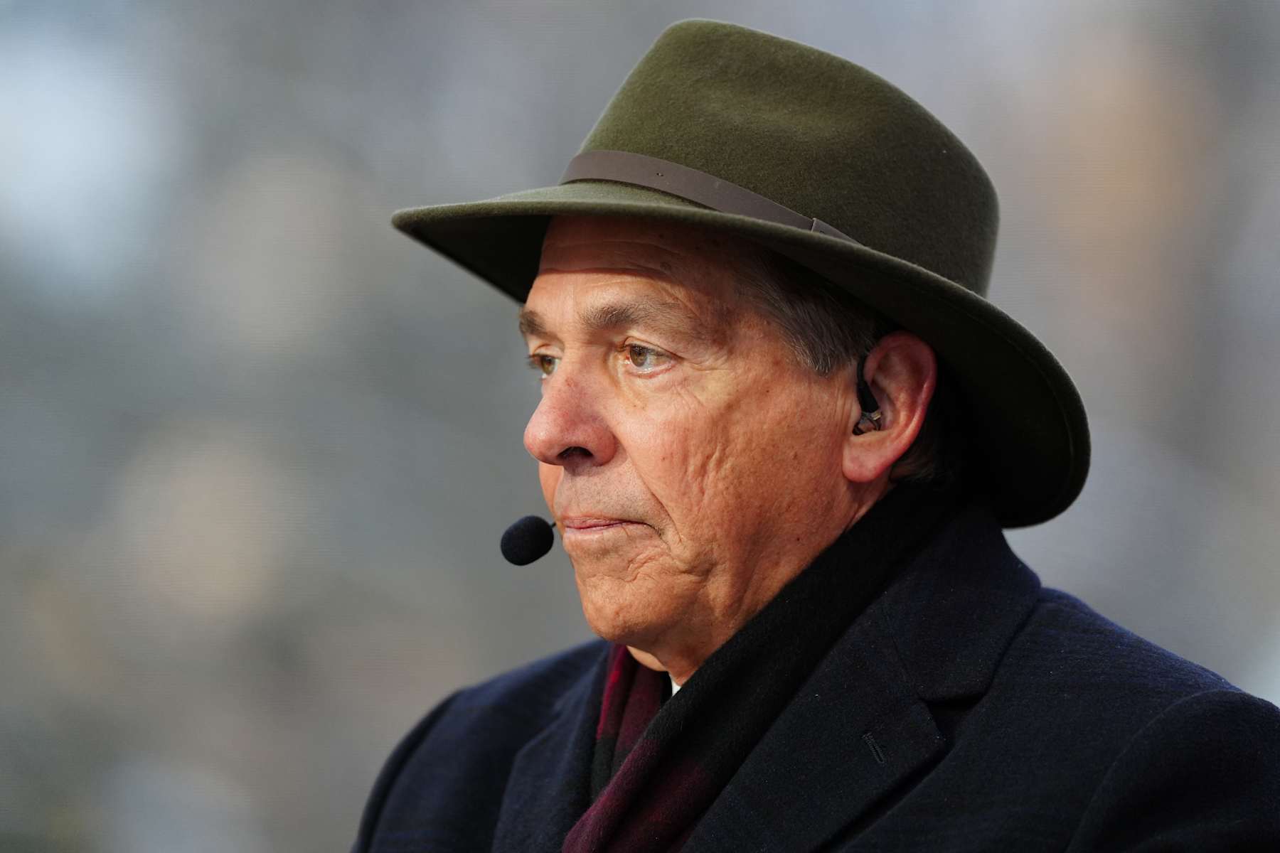 SOUTH BEND, IN - DECEMBER 20: ESPN broadcaster Nick Saban is on the set for the ESPN College Gameday show before the Indiana Hoosiers play against the Notre Dame Fighting Irish on December 20, 2024, during the CFP First Round playoff game at Notre Dame Stadium in South Bend, Indiana. (Photo by Brian Spurlock/Icon Sportswire via Getty Images)