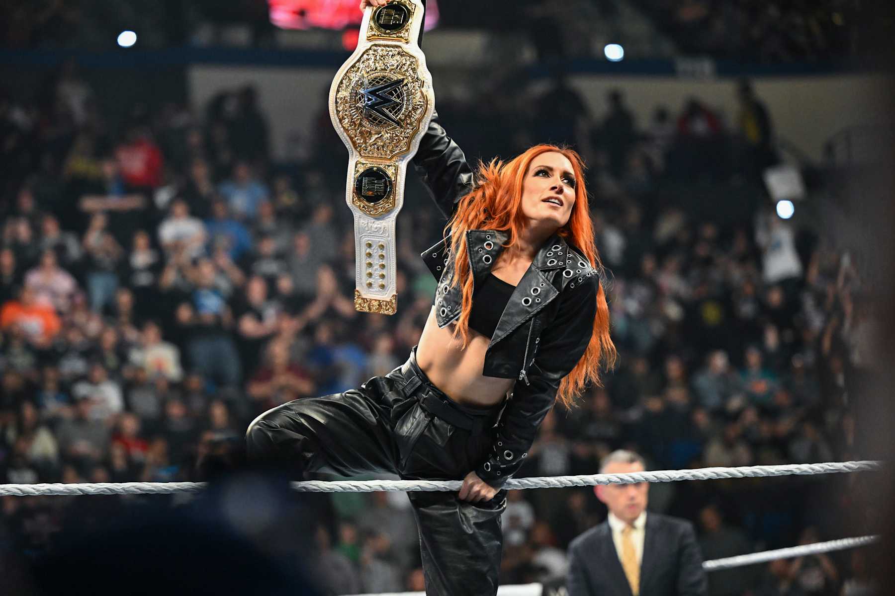 HARTFORD, CONNECTICUT - MAY 6: WWE Women's World Champion, Becky Lynch makes her entrance during Monday Night RAW at XL Center on May 6, 2024 in Hartford, Connecticut. (Photo by WWE/Getty Images)
