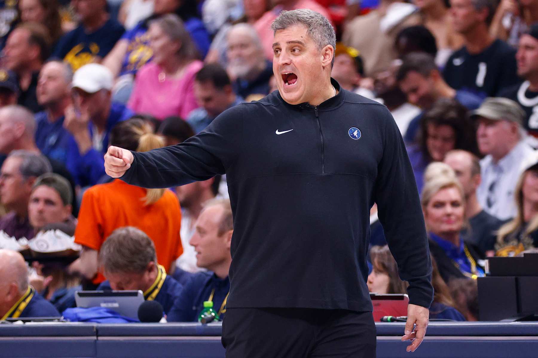 DENVER, COLORADO - MAY 19: Minnesota Timberwolves assistant coach Micah Nori reacts during the second quarter against the Denver Nuggets in Game Seven of the Western Conference Second Round Playoffs at Ball Arena on May 19, 2024 in Denver, Colorado. NOTE TO USER: User expressly acknowledges and agrees that, by downloading and or using this photograph, User is consenting to the terms and conditions of the Getty Images License Agreement. (Photo by C. Morgan Engel/Getty Images)