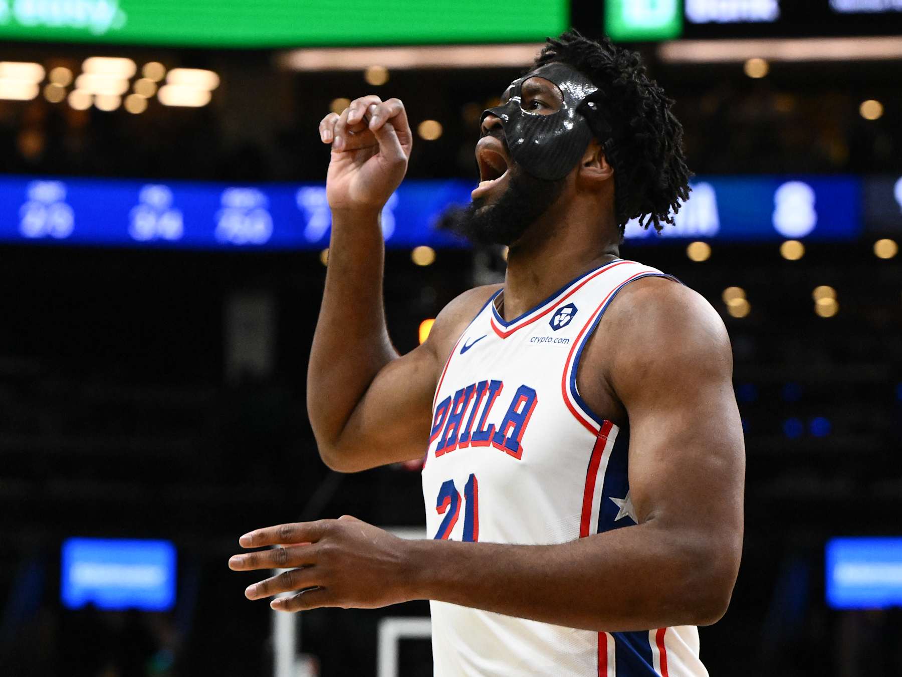 BOSTON, MASSACHUSETTS - DECEMBER 25: Joel Embiid #21 of the Philadelphia 76ers reacts after a foul during the first quarter of a game against the Boston Celtics at the TD Garden on December 25, 2024 in Boston, Massachusetts. NOTE TO USER: User expressly acknowledges and agrees that, by downloading and or using this photograph, User is consenting to the terms and conditions of the Getty Images License Agreement. (Photo by Brian Fluharty/Getty Images)
