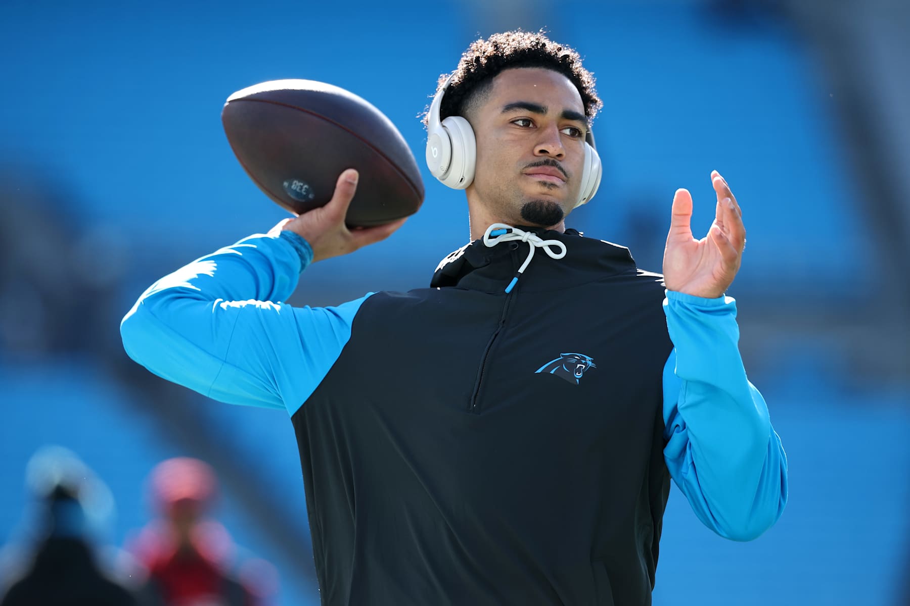 CHARLOTTE, NORTH CAROLINA - DECEMBER 22: Bryce Young #9 of the Carolina Panthers warms up before playing the Arizona Cardinals at Bank of America Stadium on December 22, 2024 in Charlotte, North Carolina. (Photo by Jared C. Tilton/Getty Images)